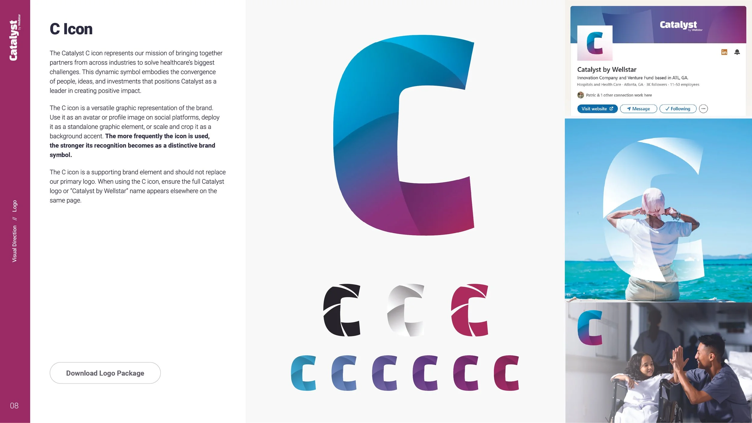 Page with information about the Catalyst C icon, including a large colorful 'C' graphic, smaller silhouette icons in black, white, and maroon, and sample applications showing the logo in social media and personal contexts, with descriptive text on br