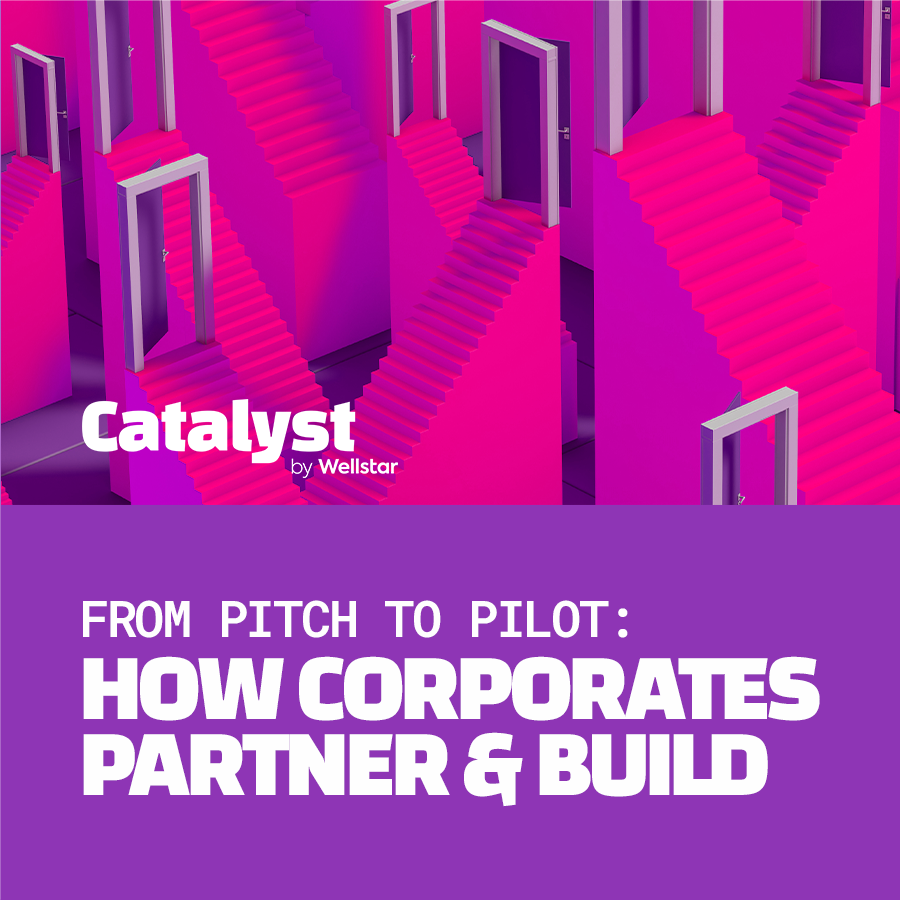 Bright pink staircase structures leading to doorways, with a purple background and a section of purple text reading 'From Pitch to Pilot: How Corporates Partner & Build'.