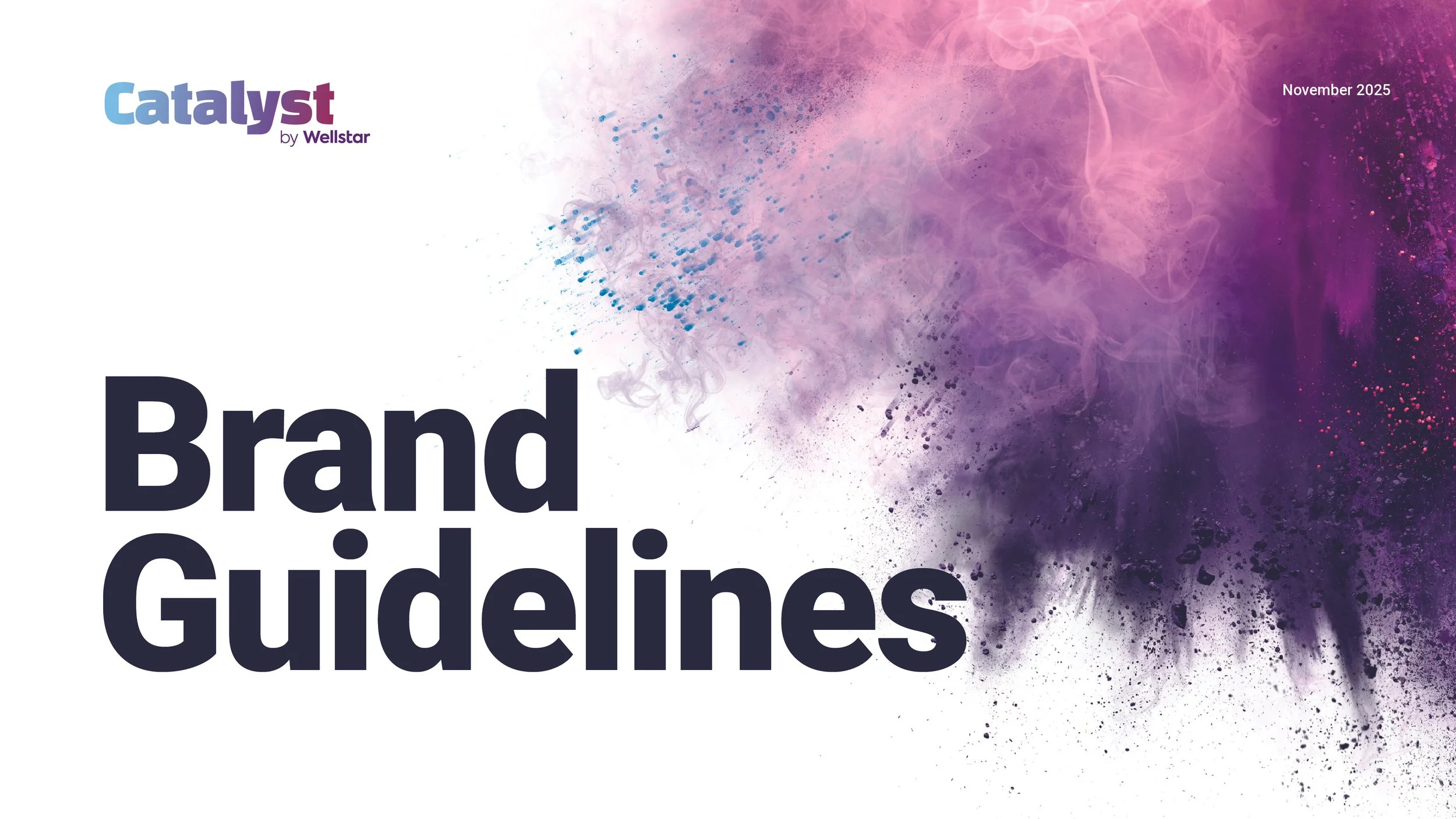 Cover page of a document titled 'Brand Guidelines' with a purple and pink powder explosion graphic in the background and the Wellstar Catalyst logo in the top left corner, dated November 2025.