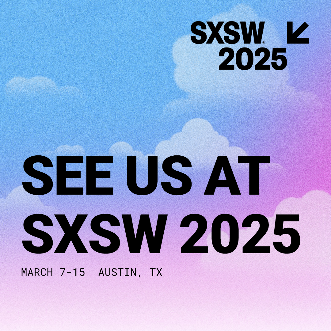 SXSW 2025 promotional poster with a pastel-colored cloudy sky background and black text inviting to see the event in Austin, Texas from March 7 to 15.