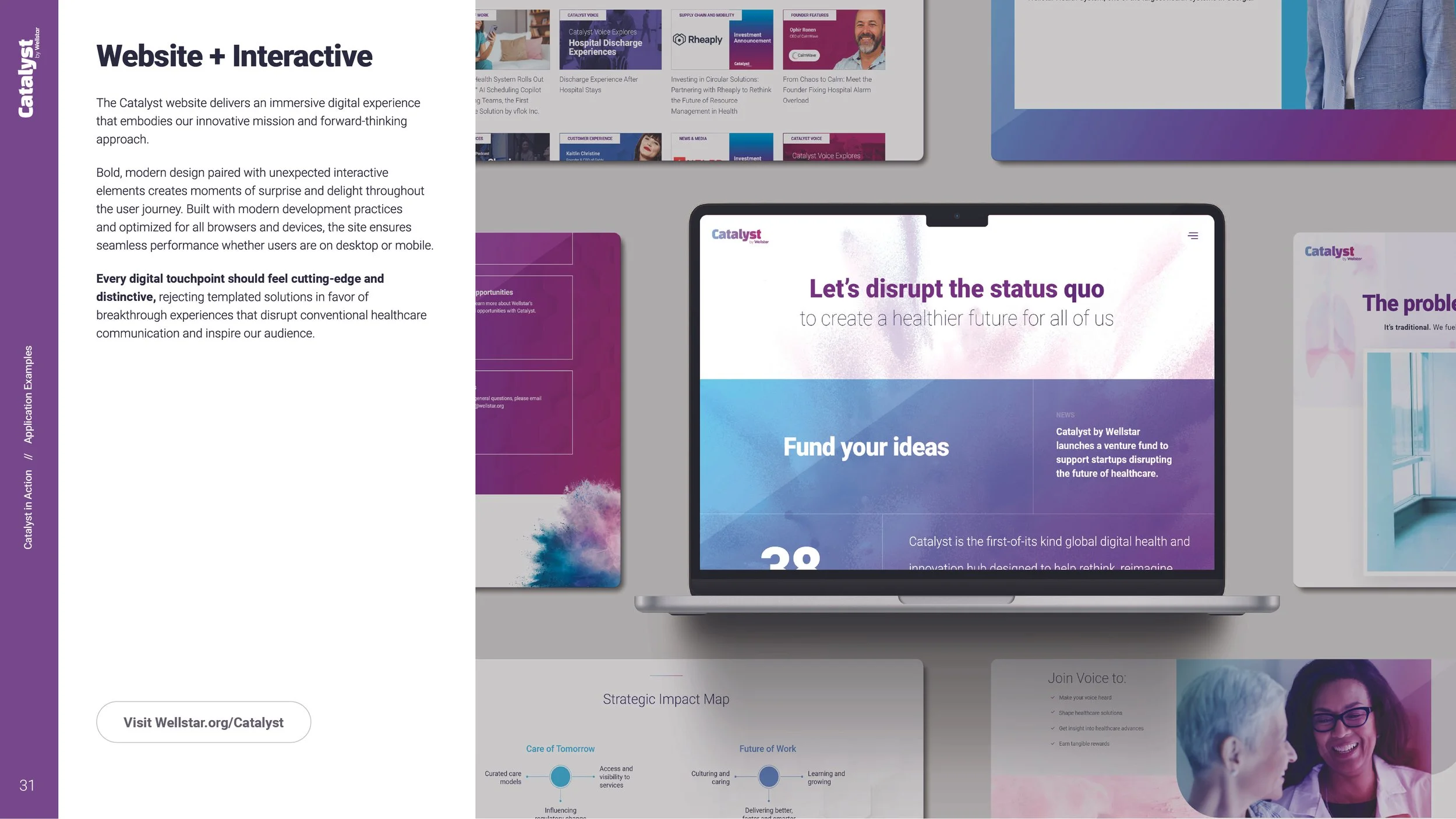 Open laptop displaying a website with the heading "Let's disrupt the status quo" in purple text, and subheading "Fund your ideas" with a blue and purple abstract background. Surrounding materials include various printed web pages and presentations fe