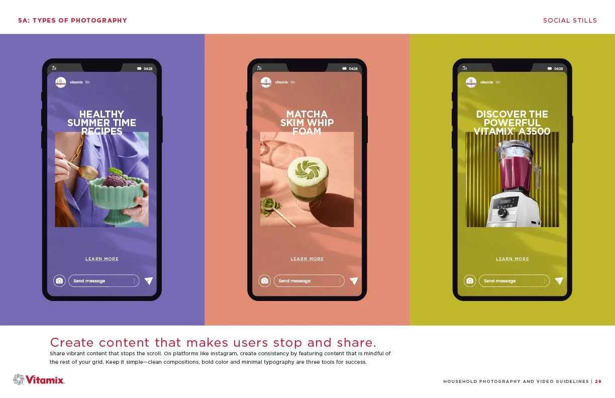 Three smartphones displaying social media posts for Vitamix. The first promotes healthy summer recipes, the second highlights matcha skim whipped foam, and the third advertises the Vitamix A3500 blender.