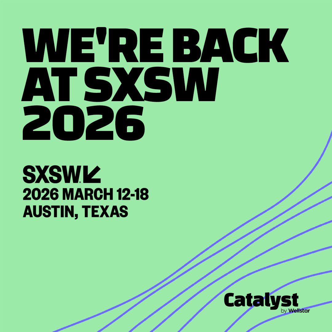 Announcement for SXSW 2026, taking place March 12-18 in Austin, Texas, with a green background and blue curved lines, featuring bold black text.