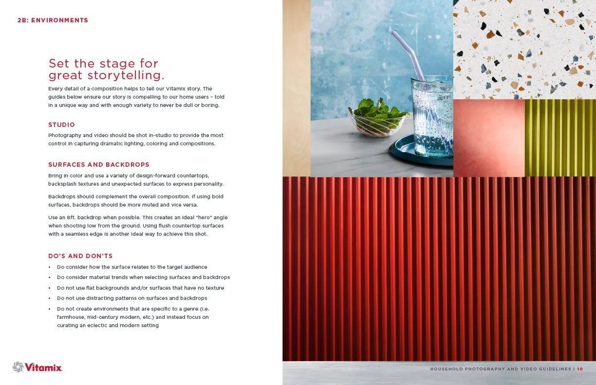 Page from a guide with text on the left and a collage of textured surfaces and a beverage on the right. The text discusses setting the stage for storytelling, studio photography tips, surface and backdrop ideas, and do's and don'ts for environments.