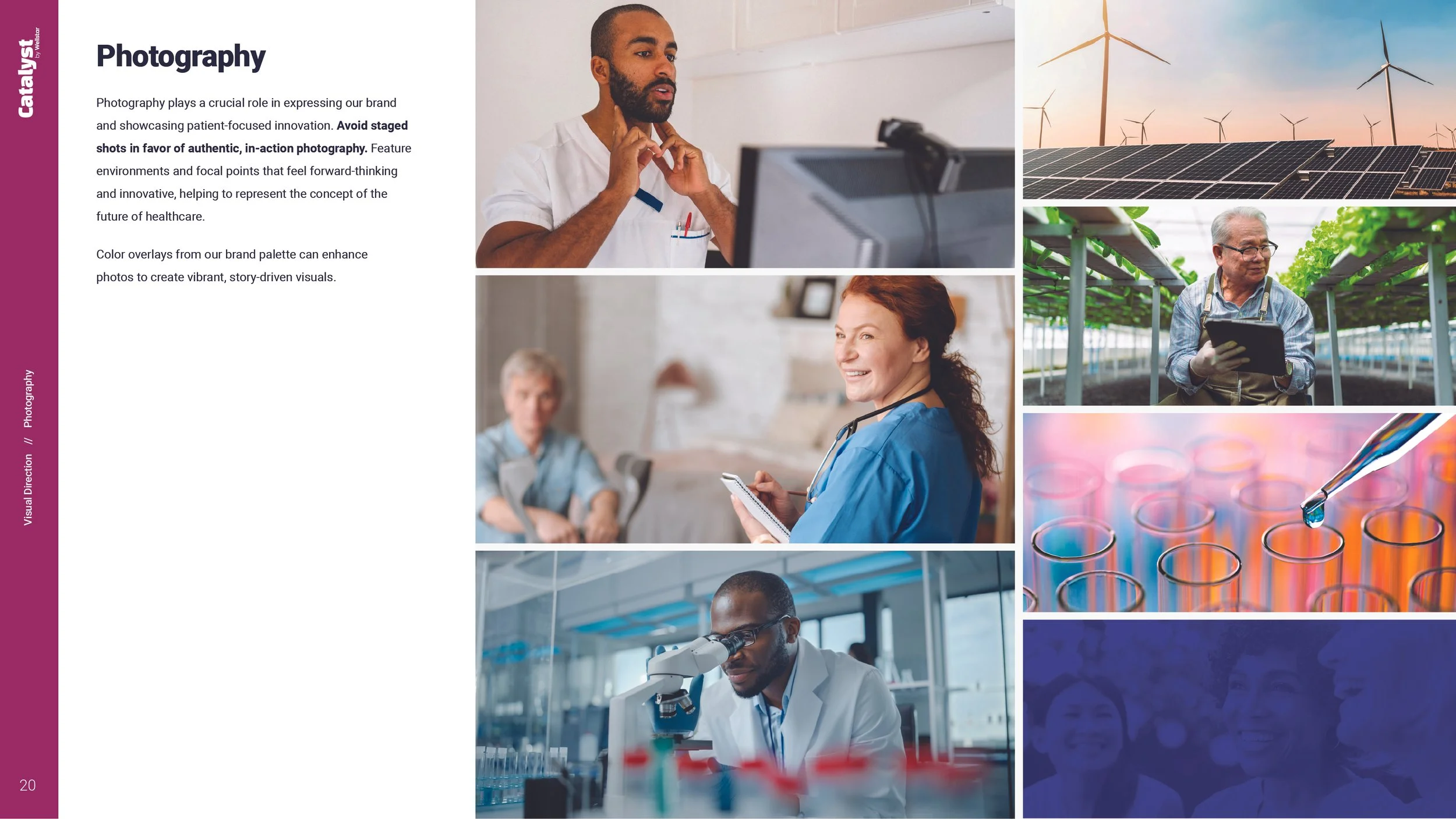 Collage of images showing renewable energy sources, healthcare professionals, and scientific research. Top right: wind turbines and solar panels at sunset. Middle right: elderly man in a greenhouse with plants. Bottom right: test tubes with a pipette