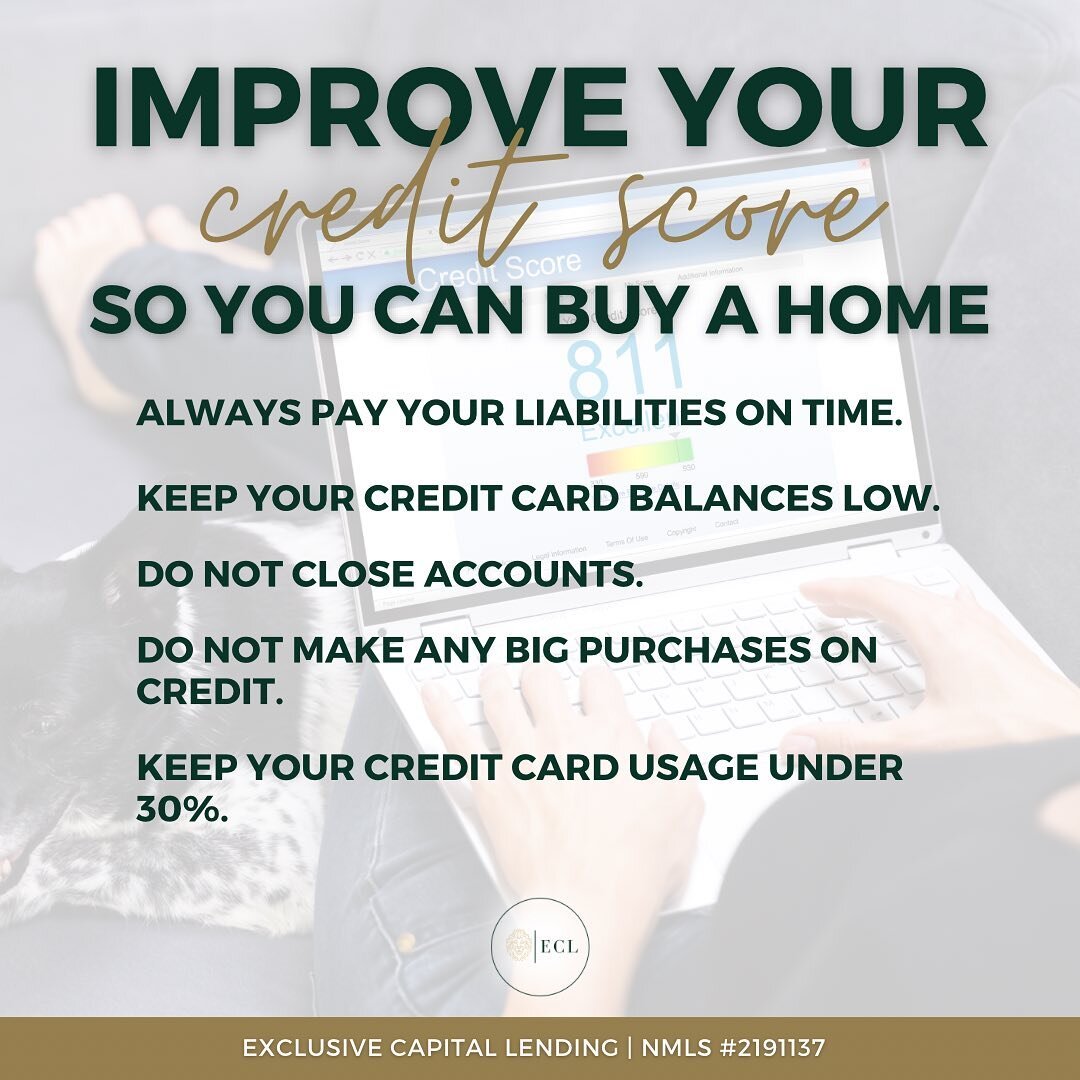 Credit is such an important factor to your Buying Power! 🏡💥⁣
⁣
Here are some tips to prepare you to buy!⁣
⁣
Have questions about your credit? We&rsquo;re here to help!⁣
⁣
&bull;⁣
⁣
&bull;⁣
⁣
&bull;⁣
⁣
#ECL #ExclusiveCapitalLending #Closing  #Mortga