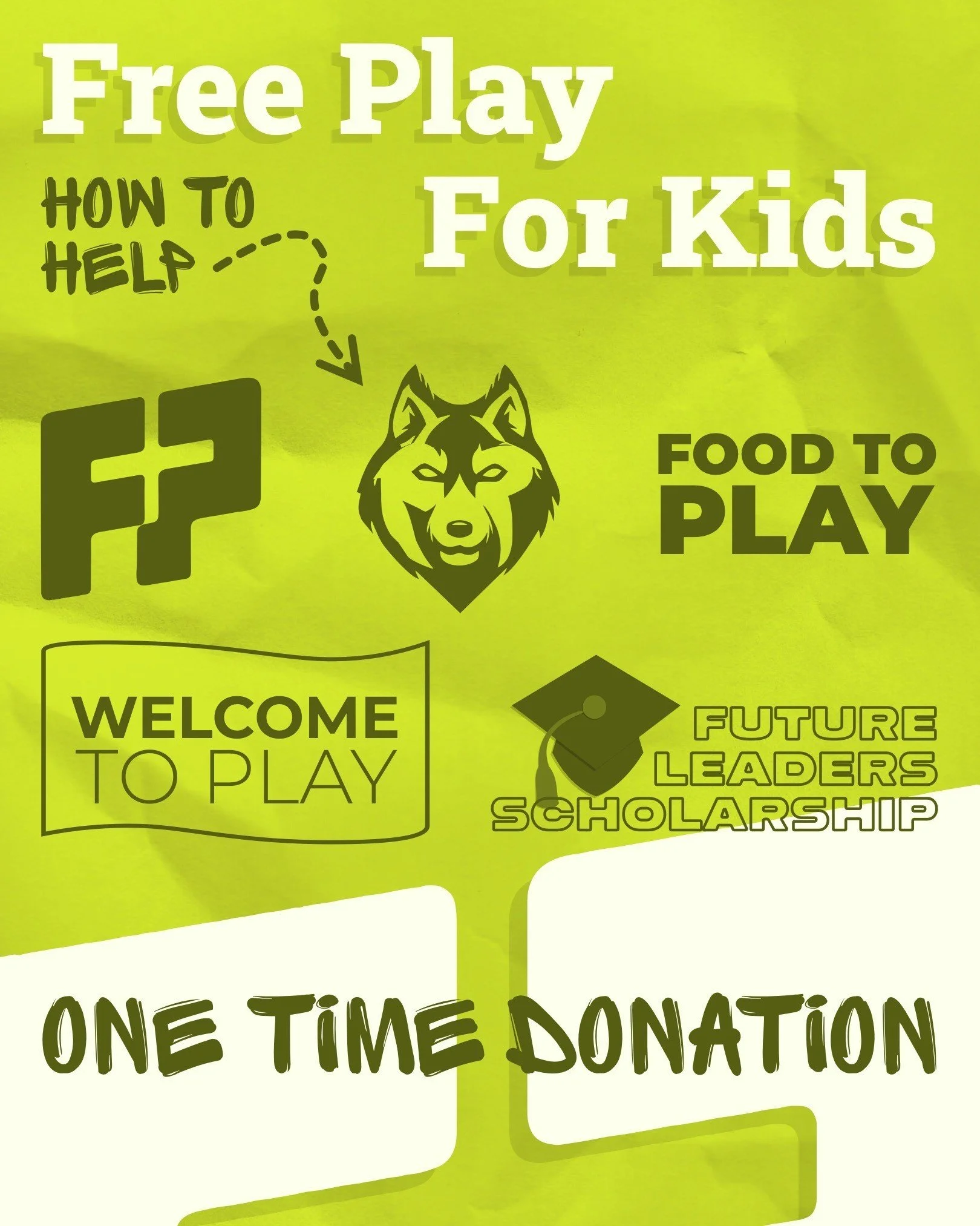 Did you know you can make a one time donation to Free Play for Kids?
And YOU can decide where the funds go 🫵

🙌🏽 Welcome to Play
🛝 Free Play for Kids
🍌 Food to Play
👬🏽 Play to Lead &mdash; Wolves Athletic Club
🎓 Future Leaders Scholarship

Th