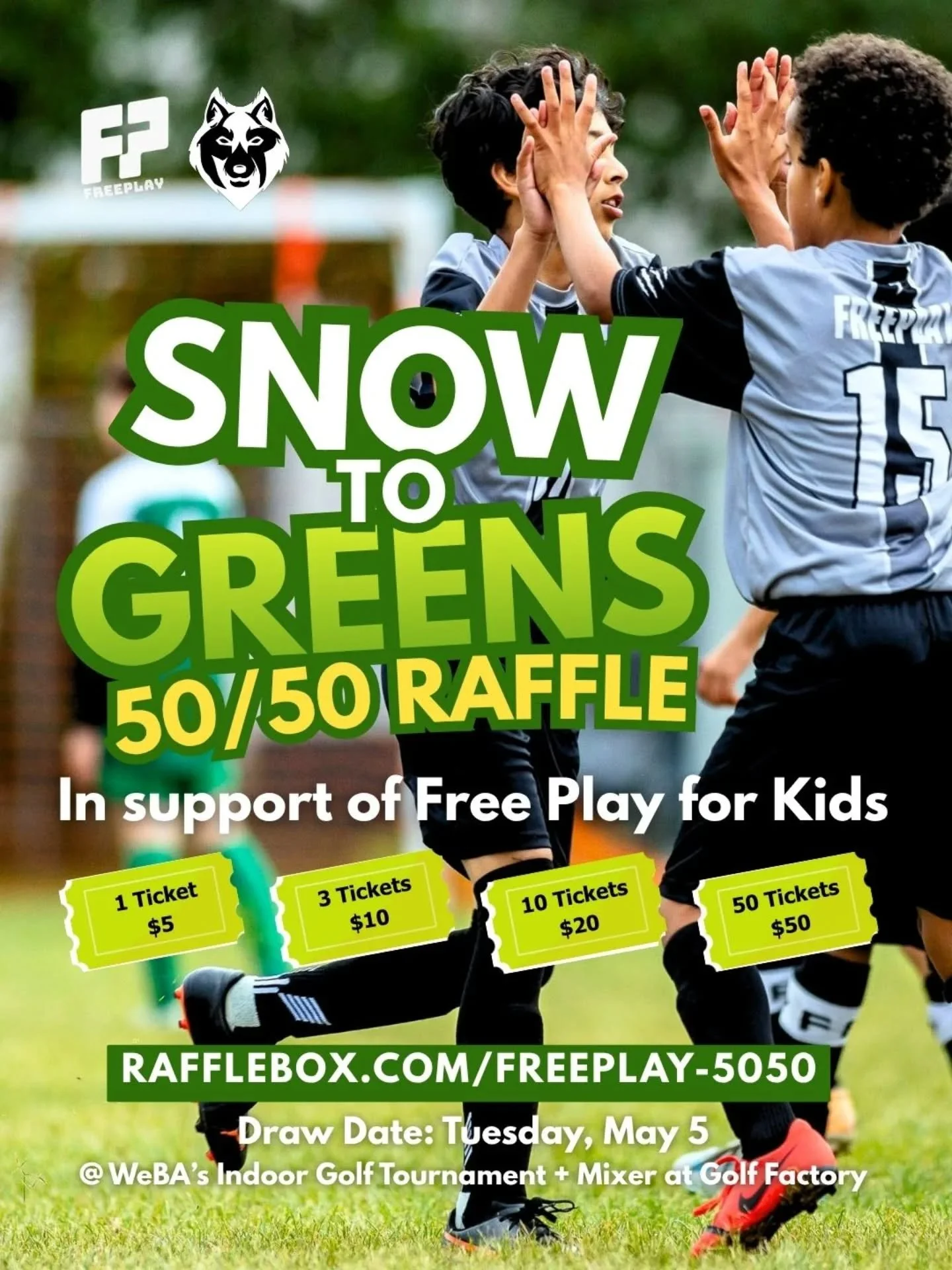 As the snow melts and the greens emerge, it&rsquo;s time to gear up for a new season of play outdoors! We are thrilled to announce the Snow to Greens Raffle, a 50/50 fundraiser dedicated to supporting Free Play for Kids.

Why are we raising funds?

A