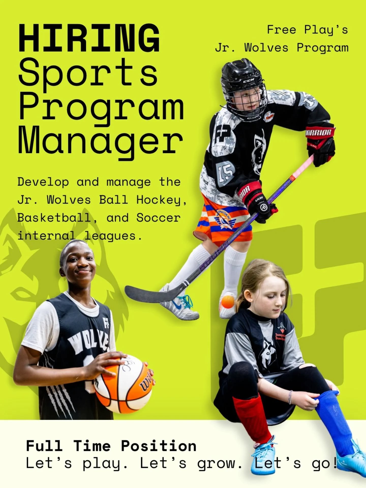 Unique Opportunity Alert! 🚨

Free Play for Kids is hiring a Sports Program Manager.
What is a Sports Program Manager you ask? Fair.

You will lead the planning, delivery, and growth of Free Play&rsquo;s Jr. Wolves Program across all Free to Play sch