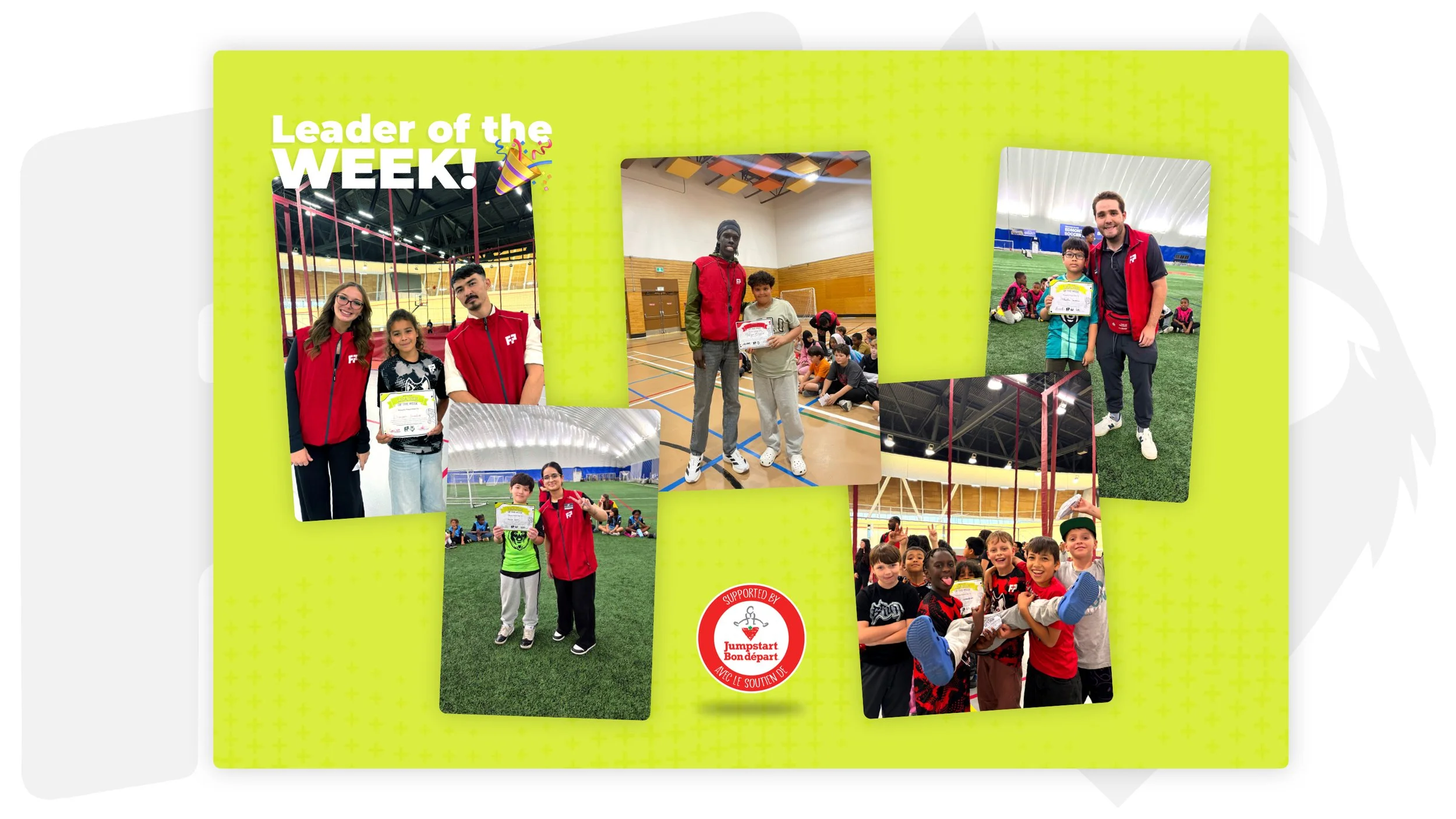 Graphic collage featuring children holding Leader of the Week certificates during Free to Play soccer programs across Edmonton, showcasing youth leadership, sportsmanship, and support from Jumpstart Bon départ.