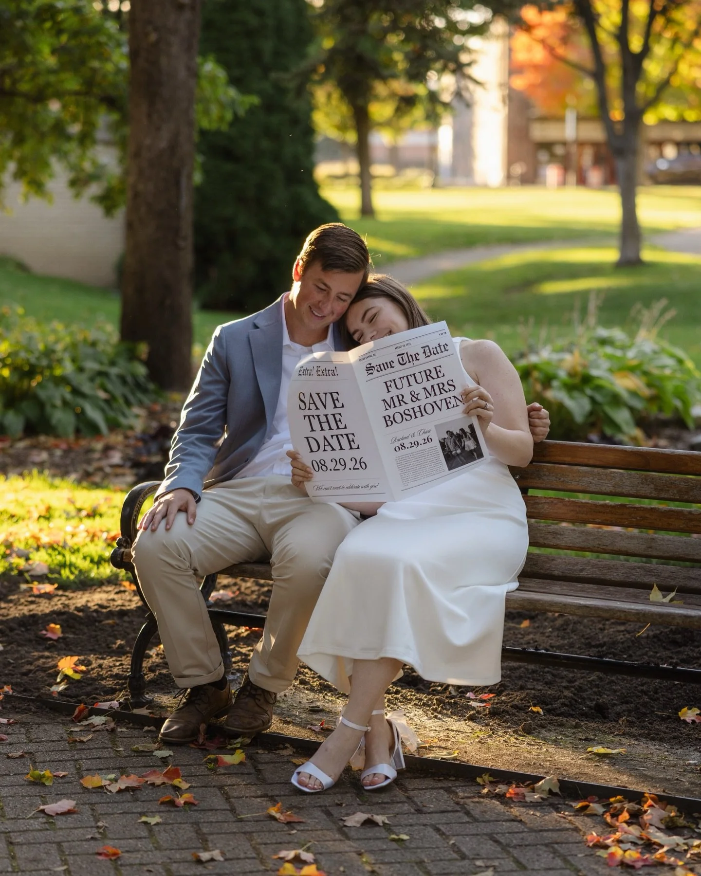 Rachael &amp; Chase💍🤍

The trees were still lush and green, holding onto summer as R+C stepped into this new season of their story. They brought the sweetest concept to life with their save the date newspaper&mdash;flipping pages, sharing laughs, a
