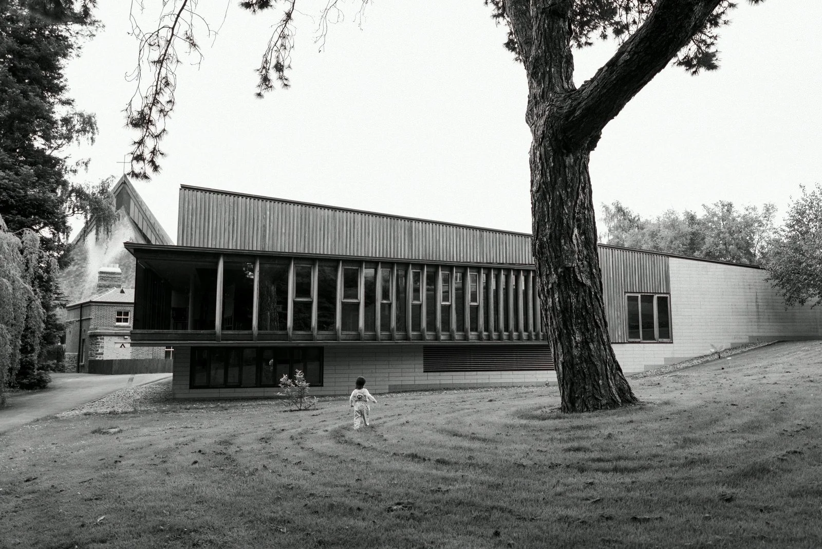 A modern building with large vertical windows and a sloped roof, surrounded by a grassy yard with a large tree and a young child walking on the grass.