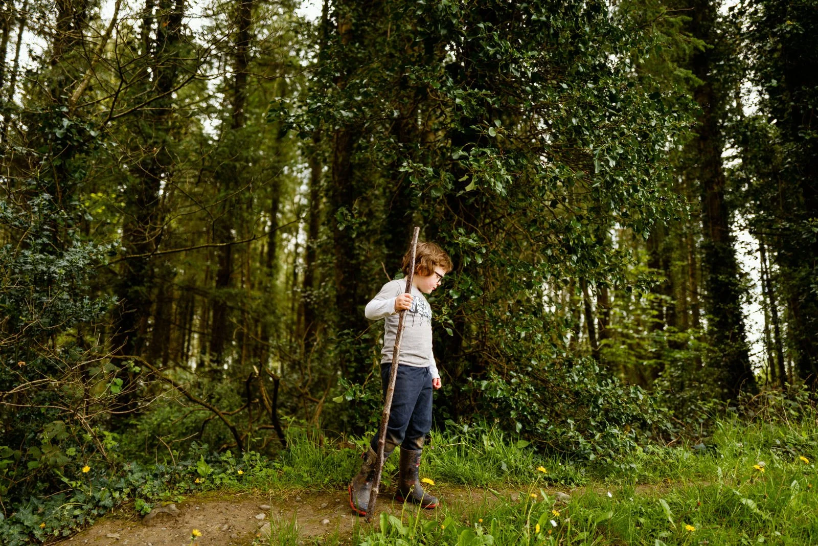 Young boy in outdoor clothing, holding a walking stick, standing on a forest trail surrounded by dense greenery and trees.