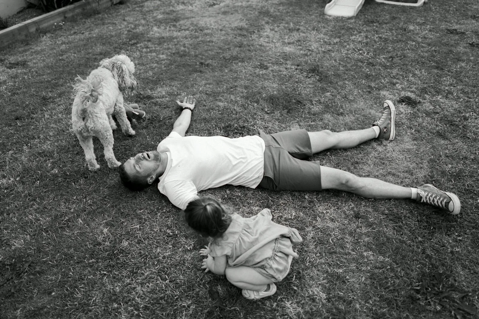A man is lying on the grass with two children and a dog, all appearing to be playing or resting outdoors, in a park or backyard.