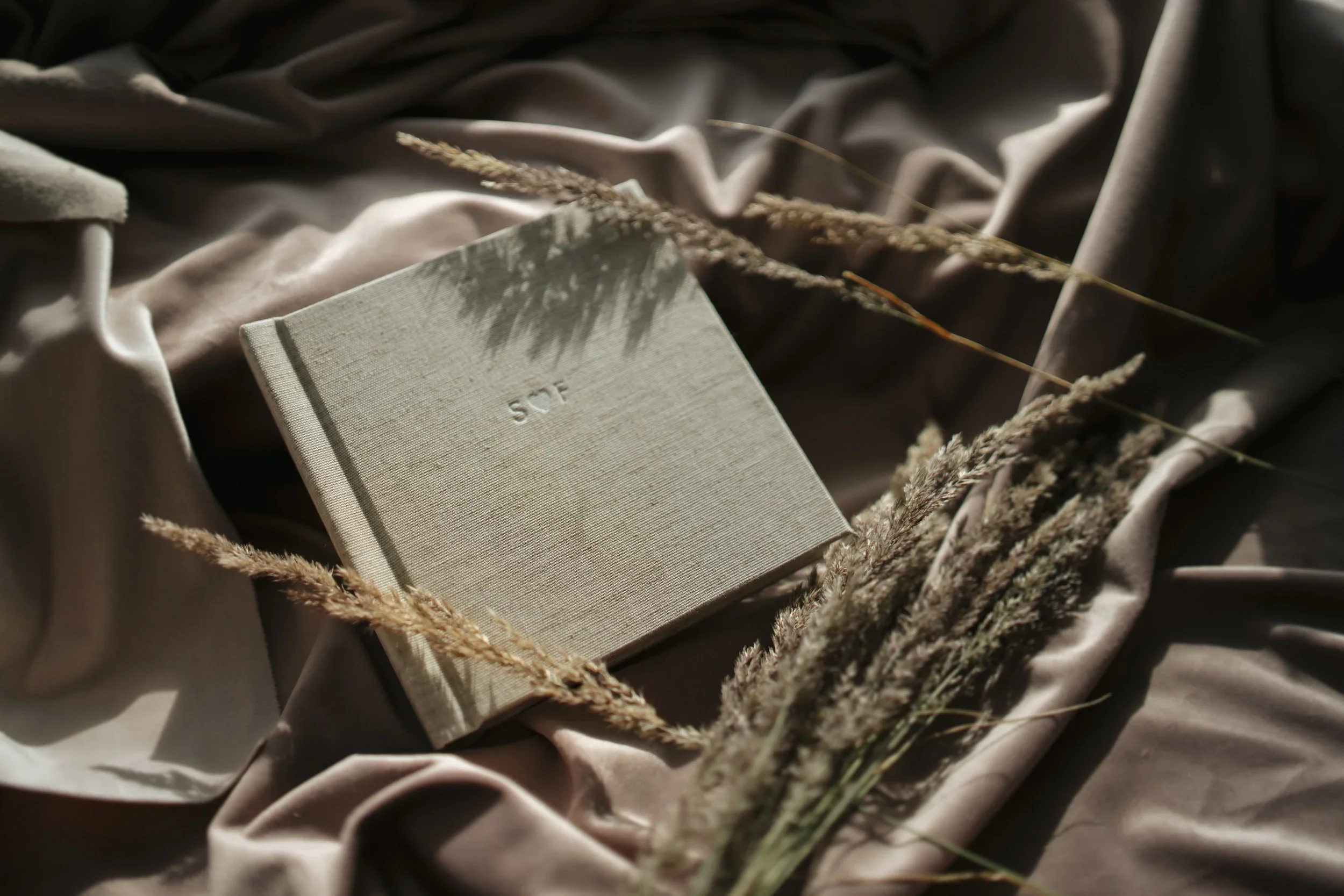 A beige book with the word 'SORE' embossed on the cover, placed on soft pink fabric, surrounded by stalks of dried grass or pampas grass.