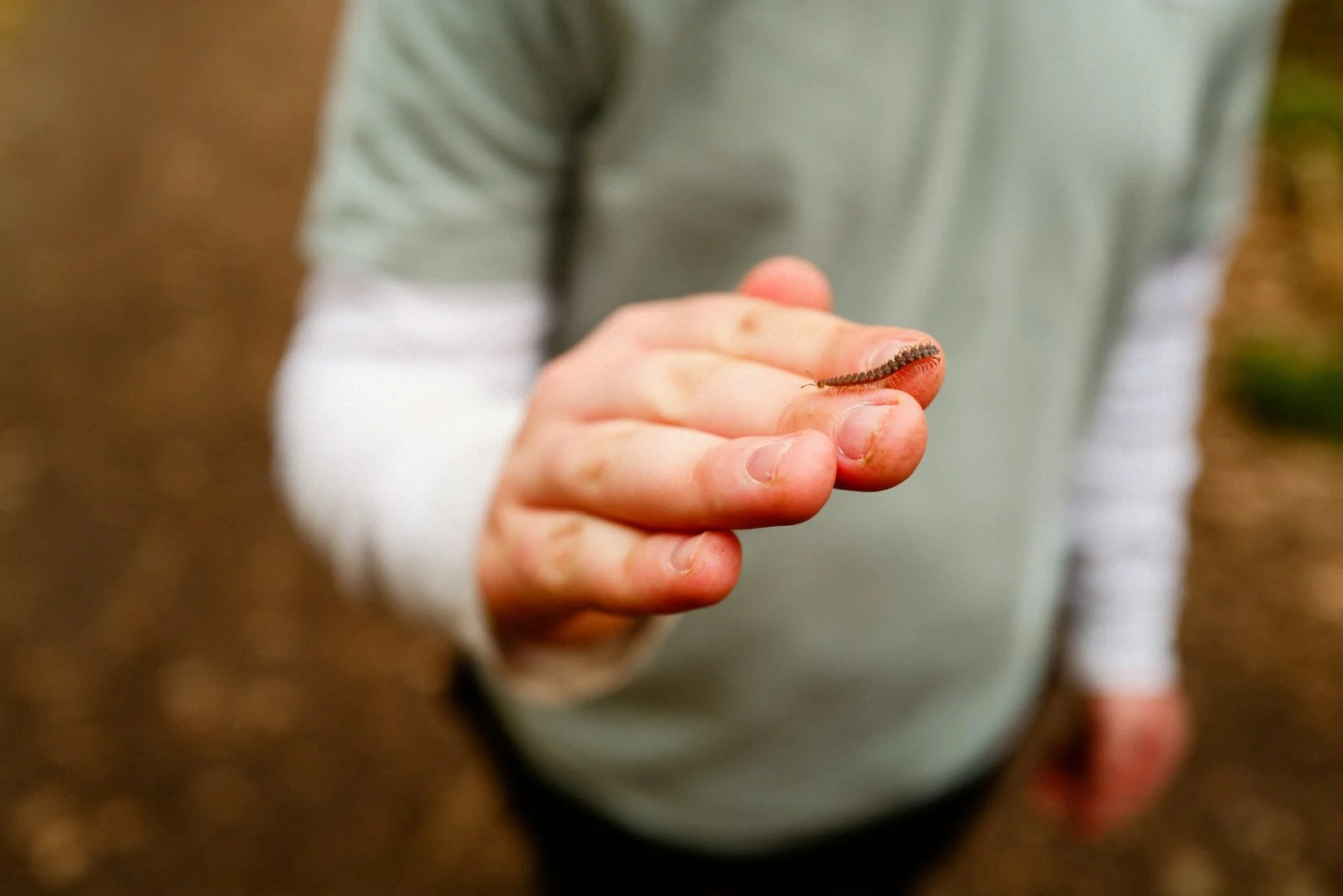 Child holding a small millipede on his finger outdoors, blurred background.