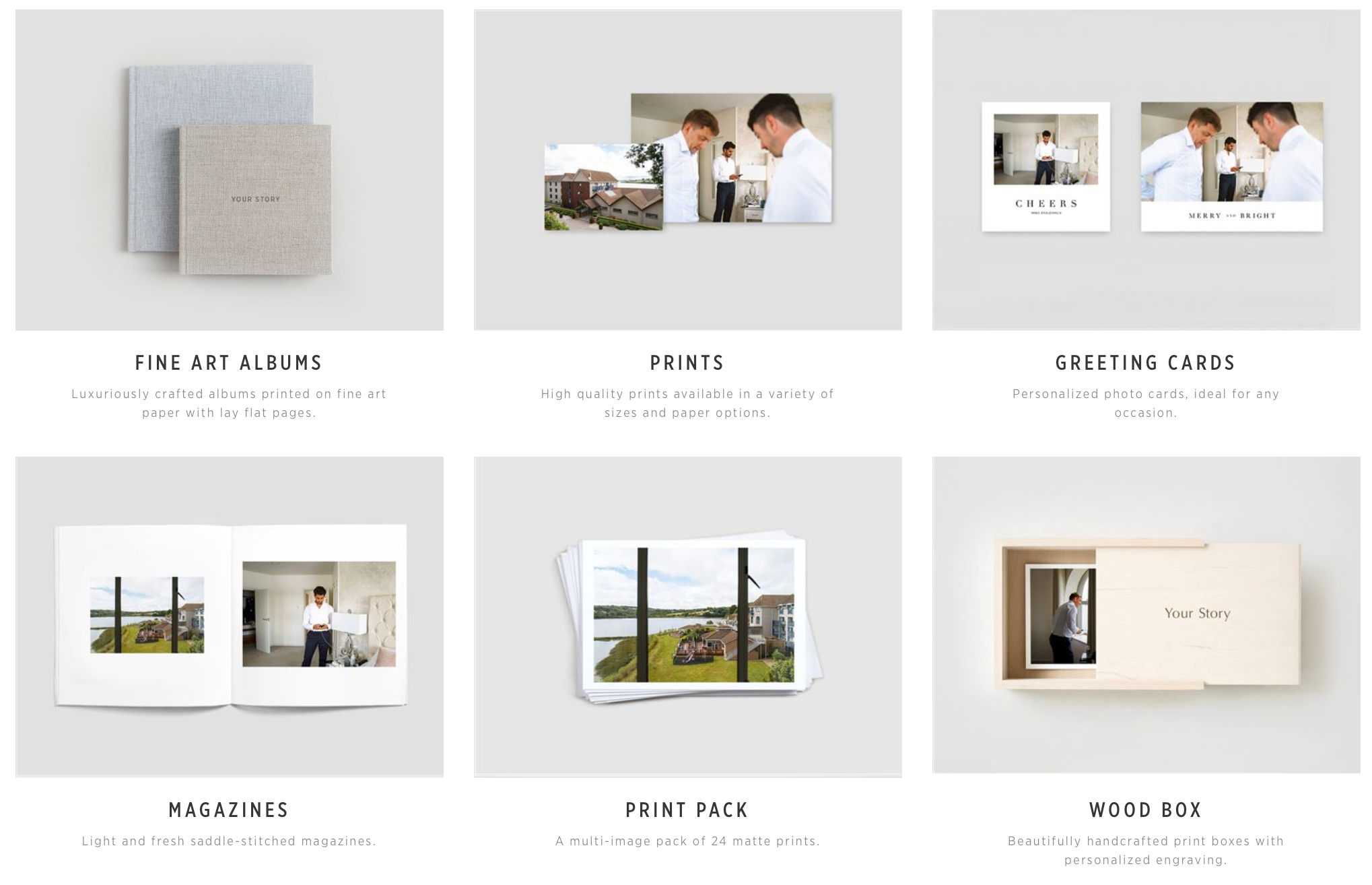 Display of various photography and print products, including fine art albums, prints, greeting cards, magazines, print packs, and wooden boxes, all showcasing photography and personalized engravings.