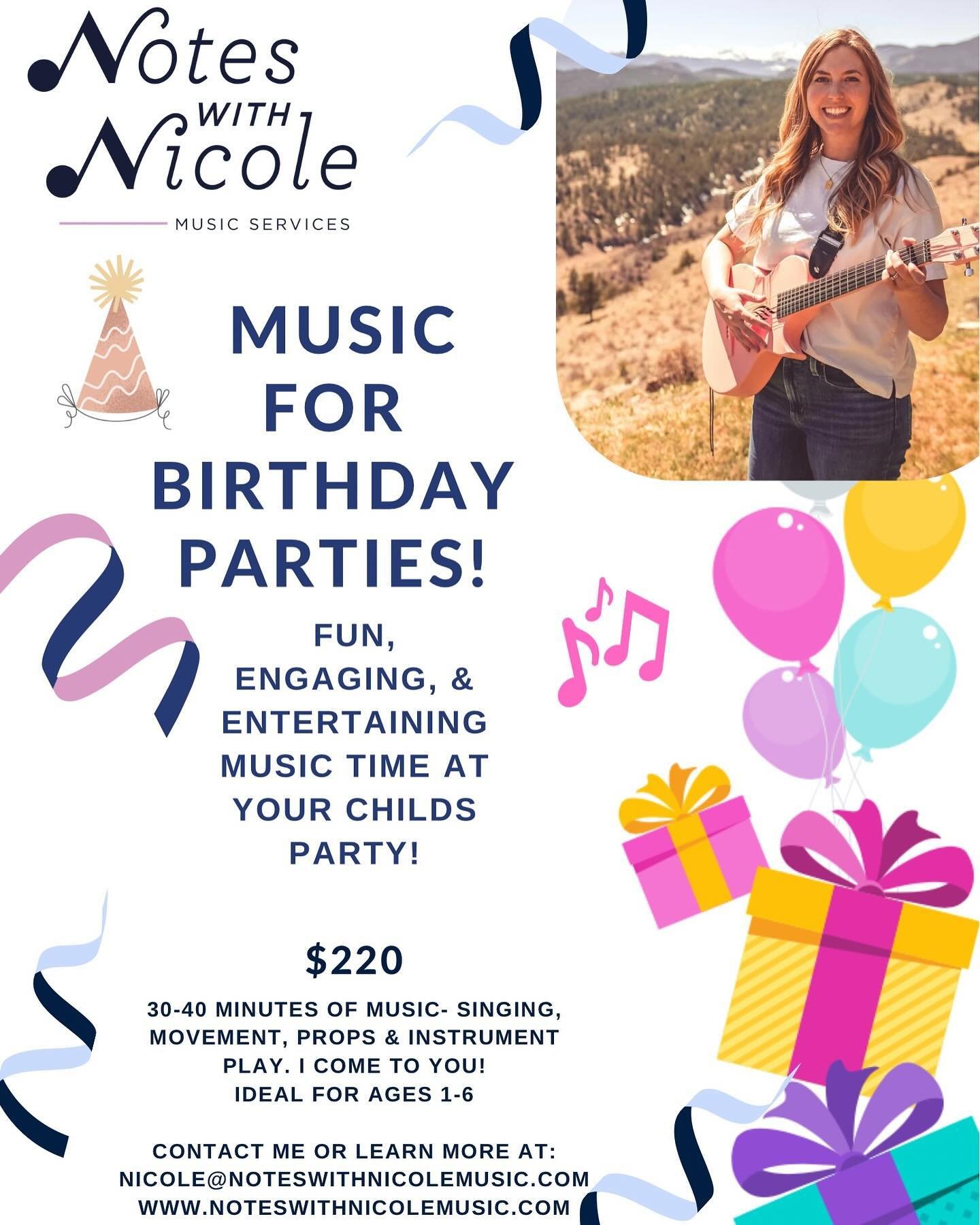 Music for birthday parties!! 🥳 Did you know Notes with Nicole can provide fun and engaging music classes for your child&rsquo;s birthday party? Make the day extra special with music time featuring their favorite songs, singing, dancing, and instrume