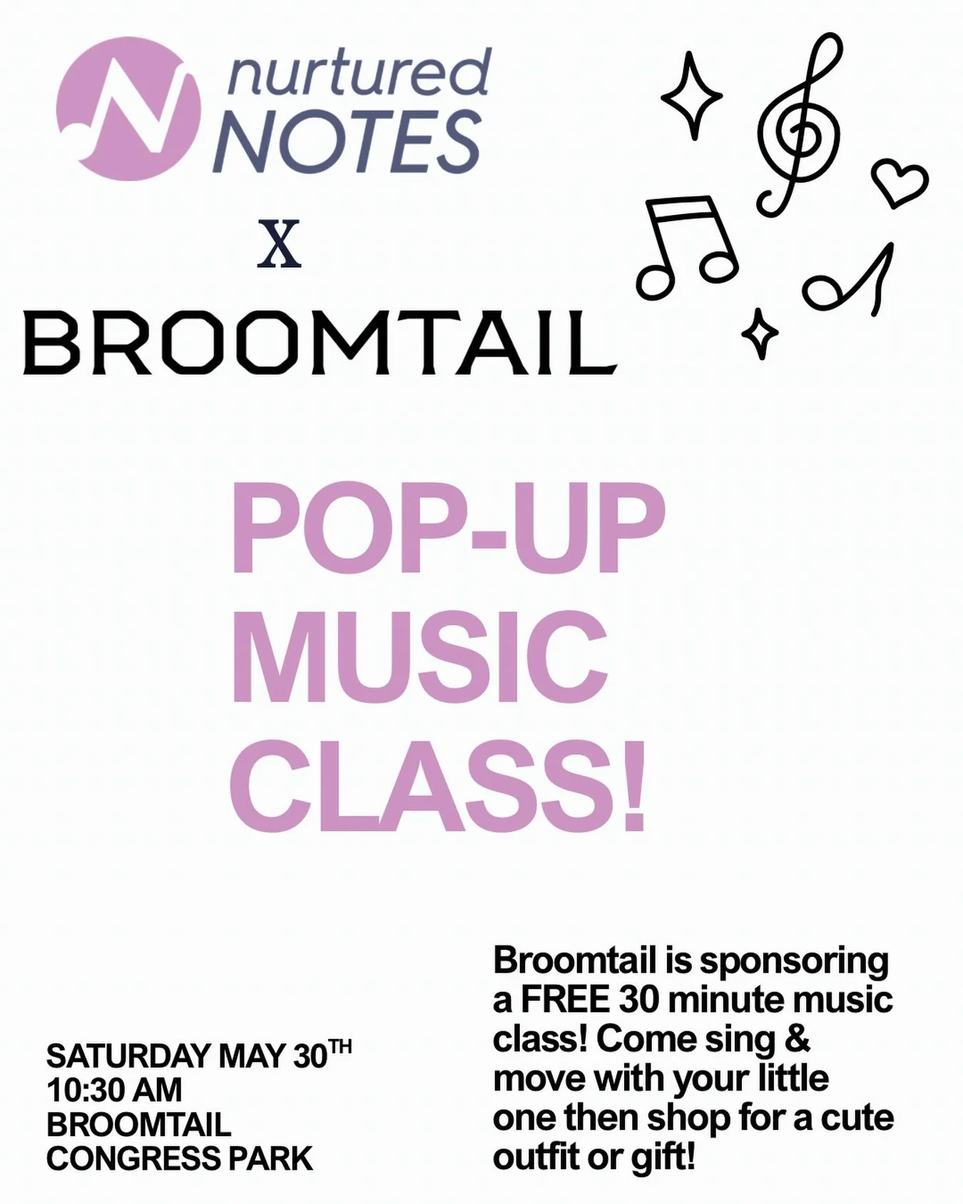 FREE music class sponsored by Broomtail! Join us for a music class (geared toward ages 0-5) at Broomtail Congress park Saturday May 30th at 10:30am! Come before class or stay after to shop the cutest clothes and gifts for your little ones! 

Thank yo