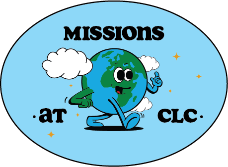 Cartoon Earth with arms and legs running, surrounded by clouds and stars, with text "Missions at CLC" on a blue oval background.
