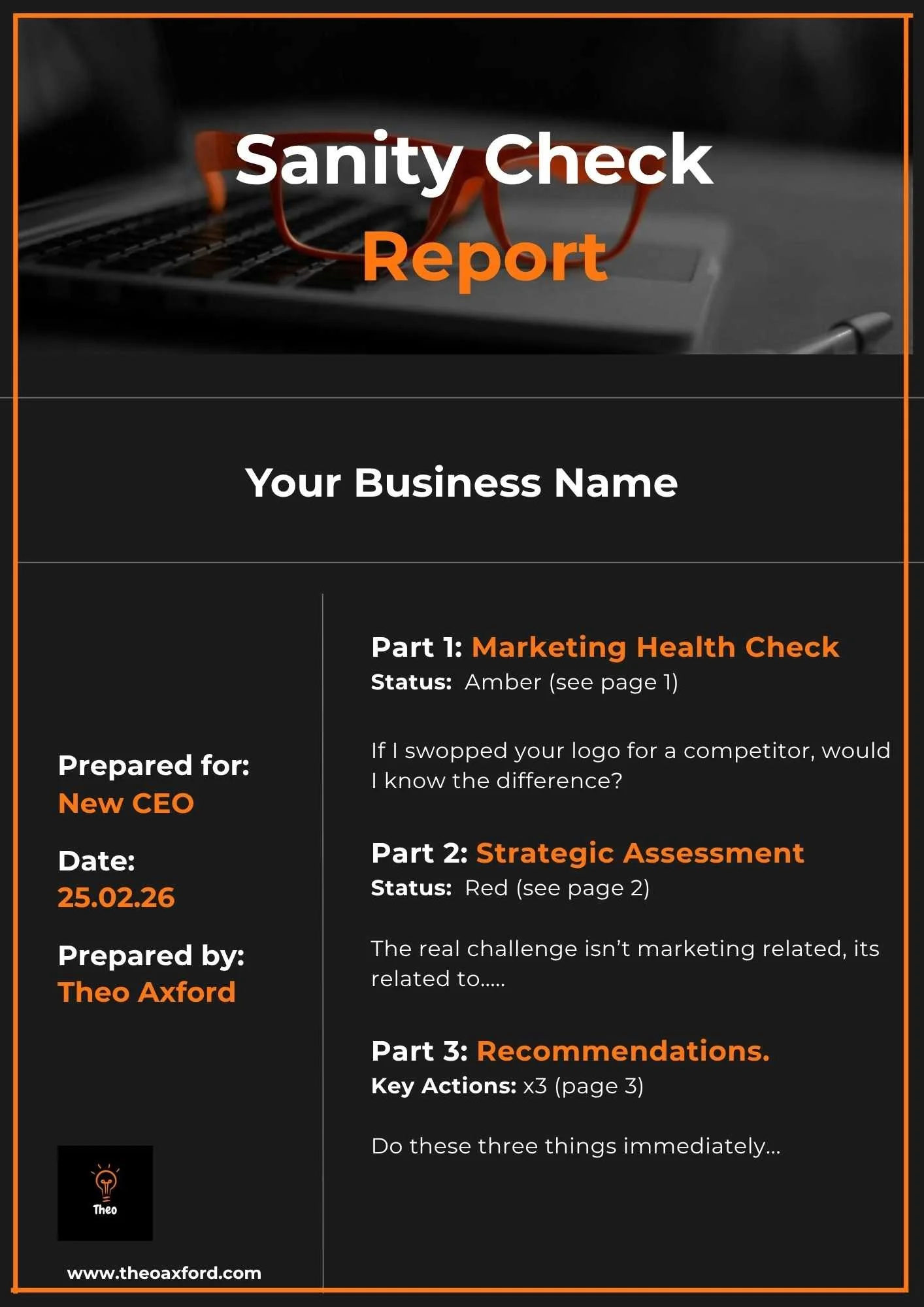 A front page of a business audit report with three parts - marketing health check, strategic assesments and recommendations.