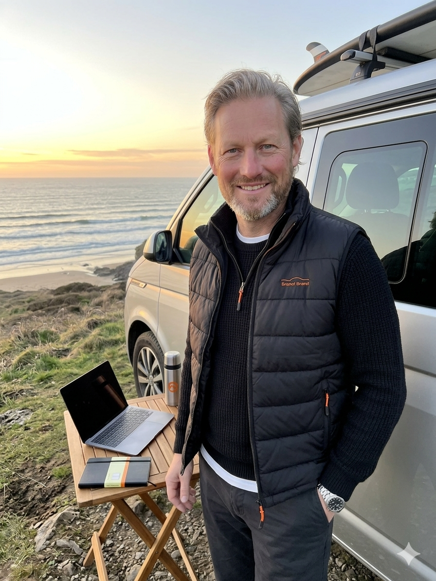 A smiling man with gray hair and beard standing outdoors near a white camper van at sunset with the beach and ocean in the background. There is a small wooden table with a laptop, a notebook, and a thermos nearby.