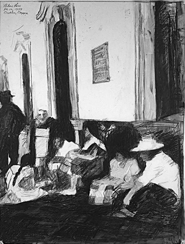 © Arlene Love, Family in Ocotlan, saponified crayon on mylar, 40” x 30”, 1999