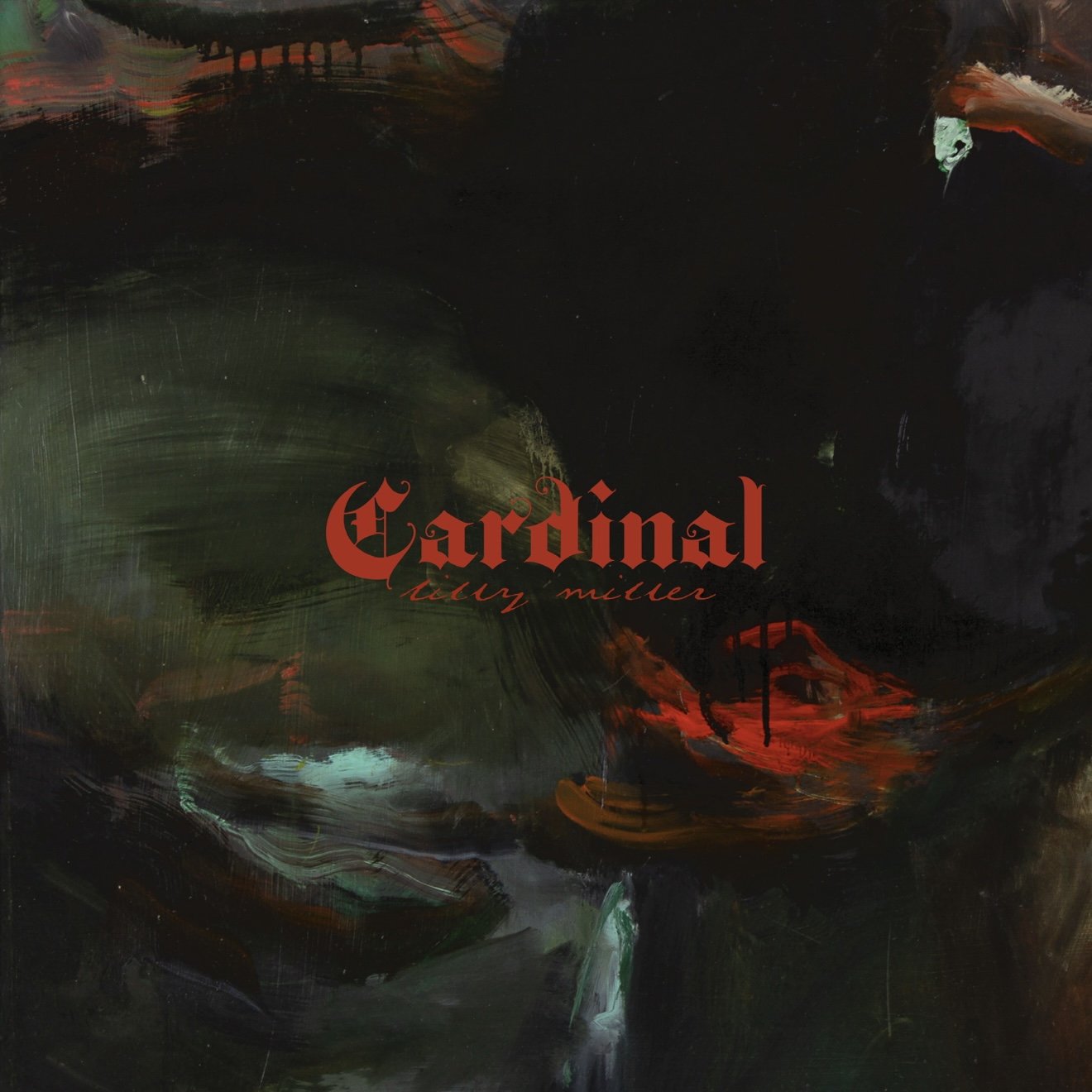 Album cover for 'Cardinal' by Billy Miller, featuring abstract painting with dark colors and red text