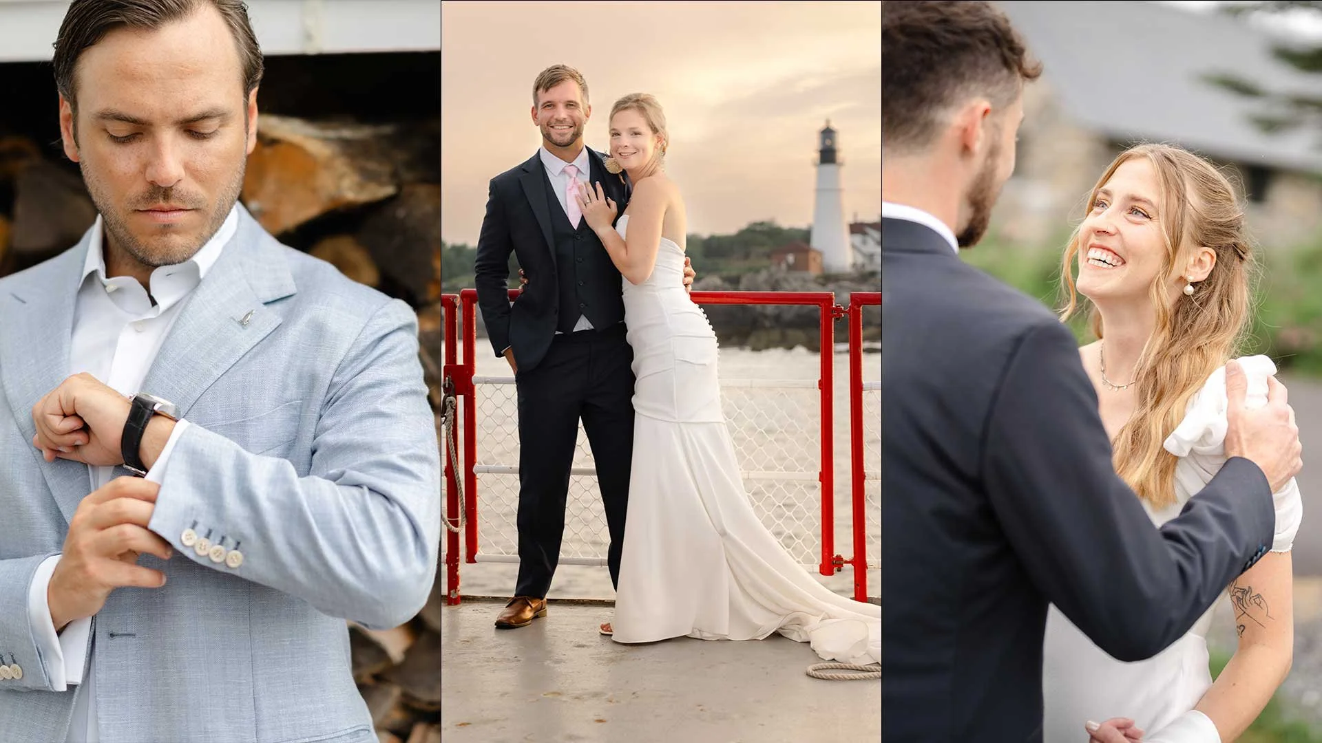 A collage of three images: the first shows a man in a light gray suit adjusting his watch while looking down; the second shows a wedding couple standing on a dock, with the bride in a white wedding dress and the groom in a dark suit, smiling at the c
