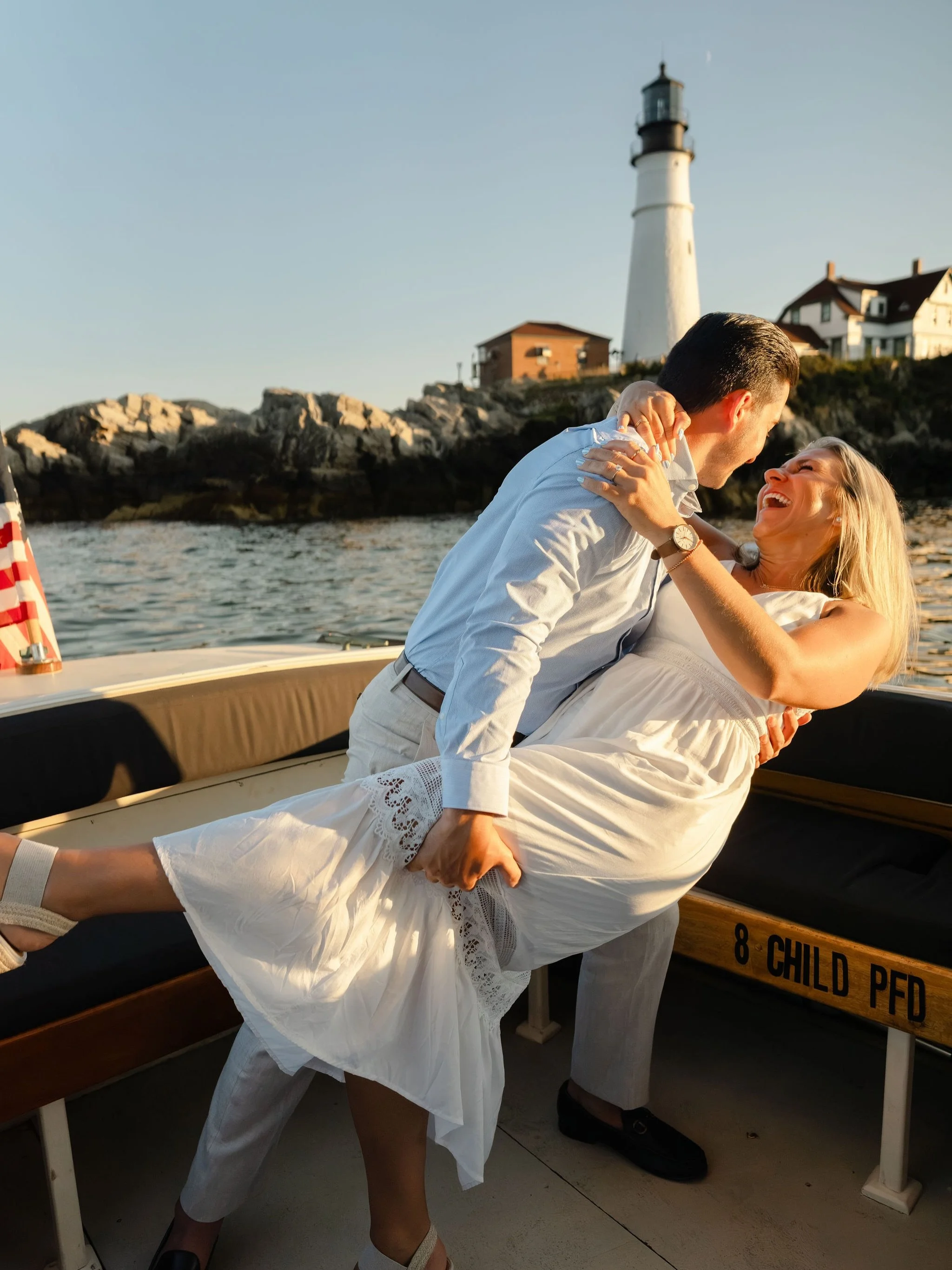 Emily &amp; Josh&rsquo;s engagement session with @cascobaycustomcharters was everything a Maine August dream is made of &mdash; lighthouses, a gorgeous sunset, bubbly, and pure celebration. 🥂

We cannot wait to celebrate the two of you again next Oc