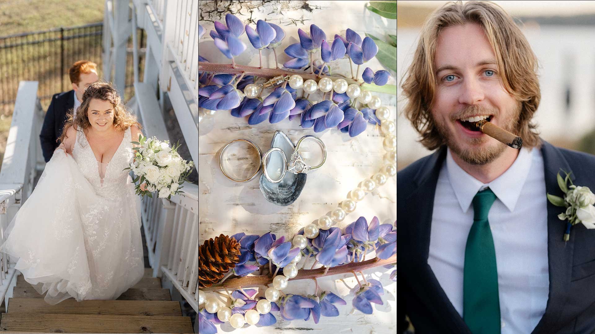 A wedding scene with a bride in a white gown holding a bouquet, a groom with a cigar in his mouth wearing a suit with a boutonniere, and a collage of wedding jewelry and decorations including rings, pearl necklace, purple flowers, pinecones, and a sm