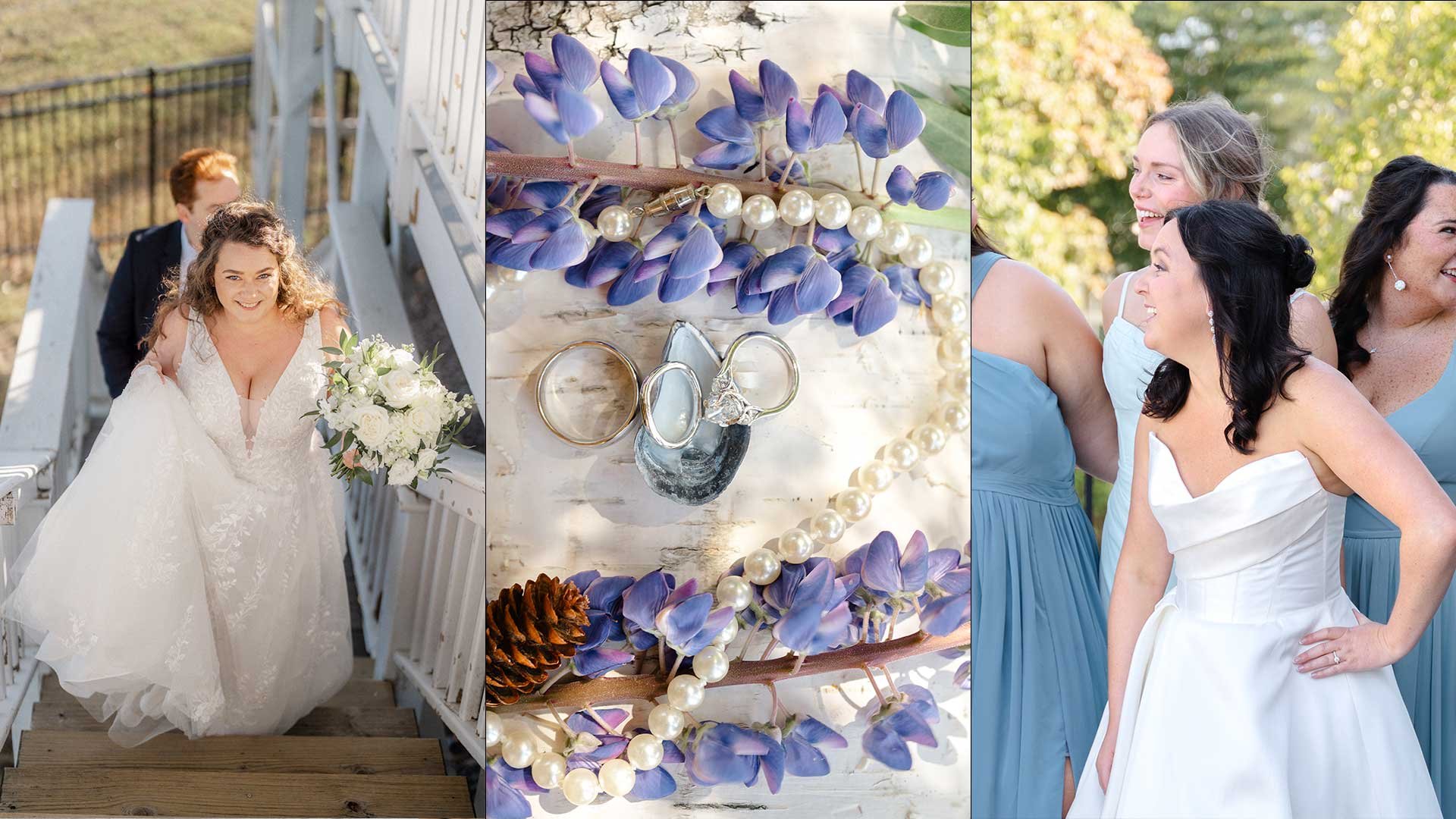 A wedding scene featuring a bride in a white wedding dress with floral lace details walking up a wooden staircase, three bridesmaids in blue dresses smiling and enjoying herself outdoors, a collection of purple lupine flowers, a strand of pearls, wed