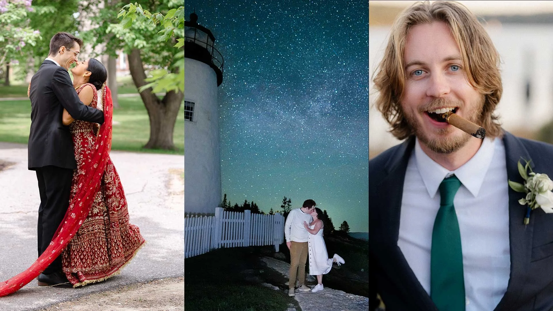 Collage of three wedding-themed photos: a couple dancing outdoors, a couple kissing under a starry sky, and a man in a suit with a cigar and boutonnière.