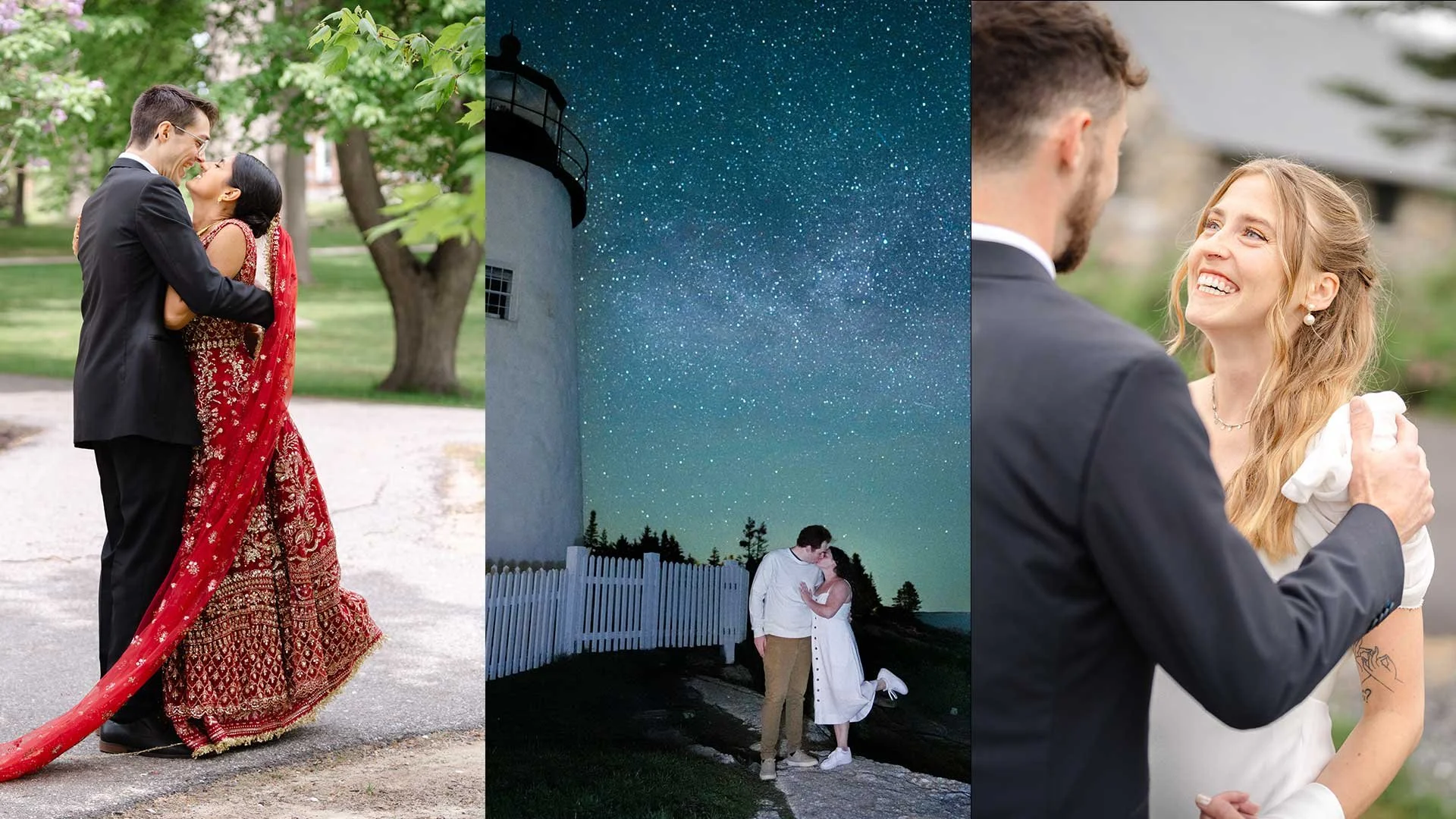 Collage of three romantic scenes: on the left, a man and woman in formal attire embracing outdoors with trees in the background; in the center, a couple kissing under a starry night sky with a lighthouse nearby; on the right, a man and woman in forma