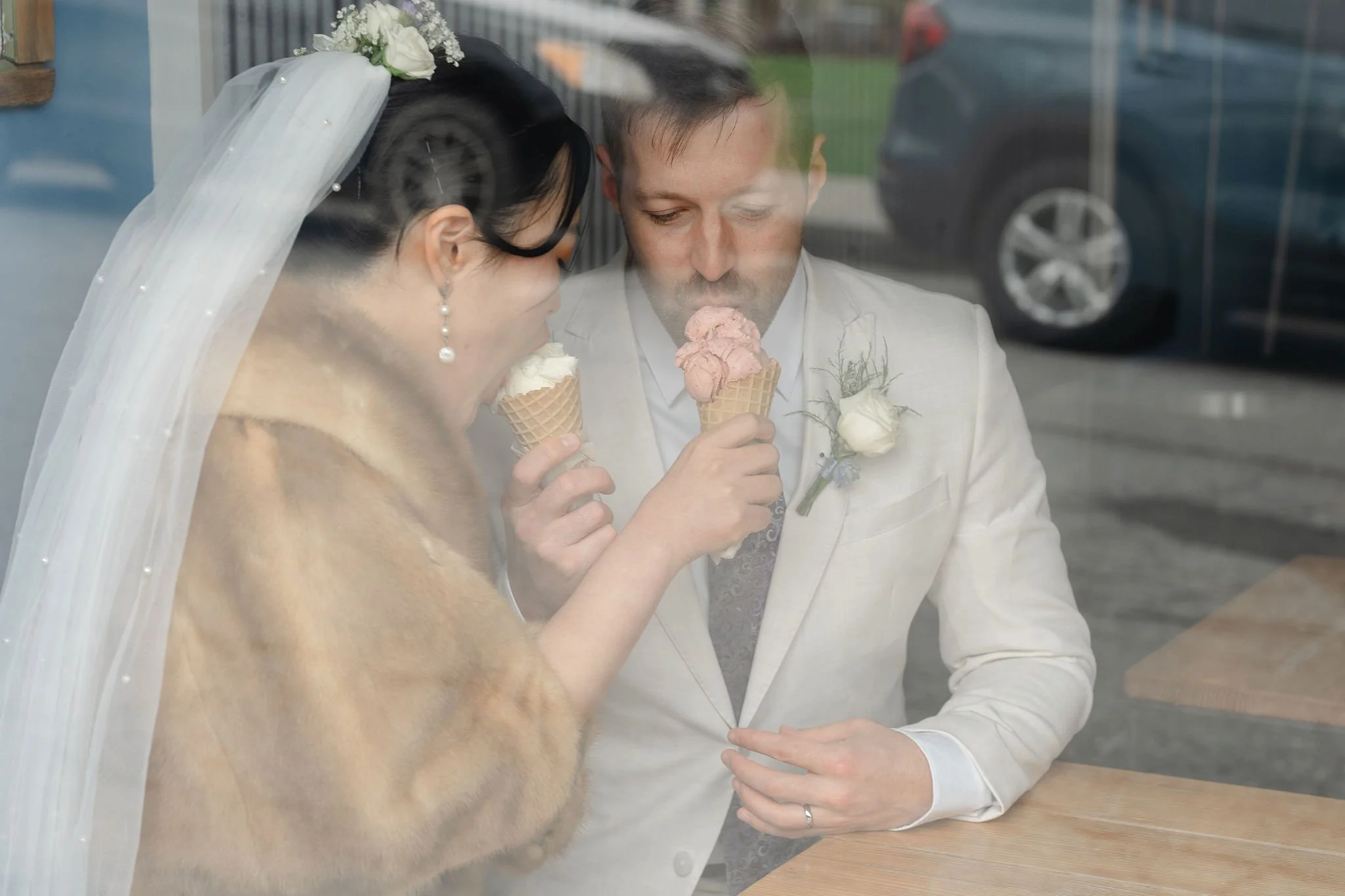 Bride and Groom eating ice cream in Bar Harbor