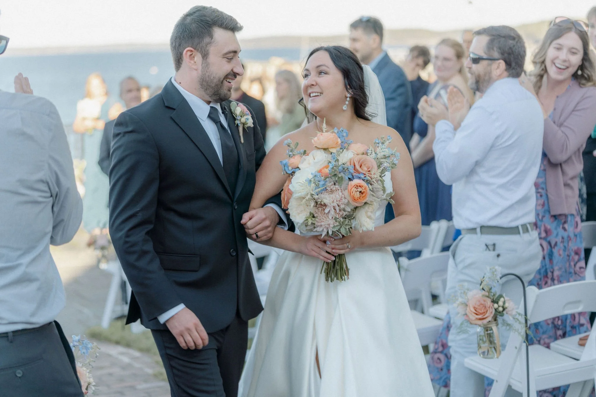 Bride and groom walking down the aisle in Bar Harbor, maine