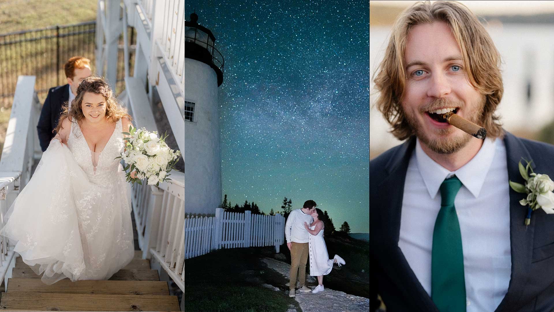 A collage of four wedding photos: a bride and groom walking up stairs, a starry night with a lighthouse and a couple kissing, a man and woman embracing under the night sky, and a close-up of a smiling groom with a cigar.
