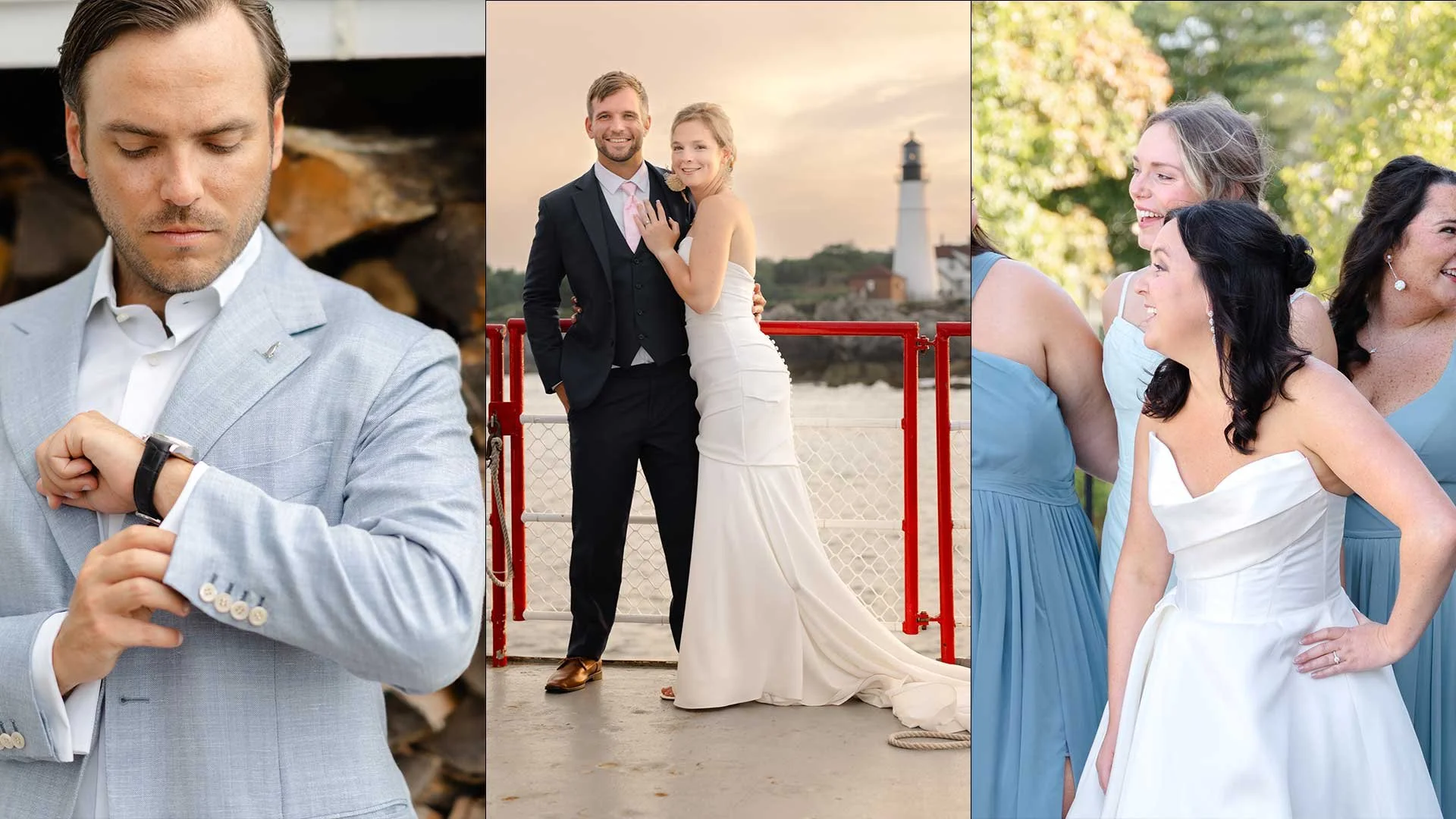 Collage of three wedding-related scenes: a man in a light gray suit checking his watch, a bride and groom smiling and posing by a lighthouse at sunset, and three women in light blue dresses talking and laughing outdoors.