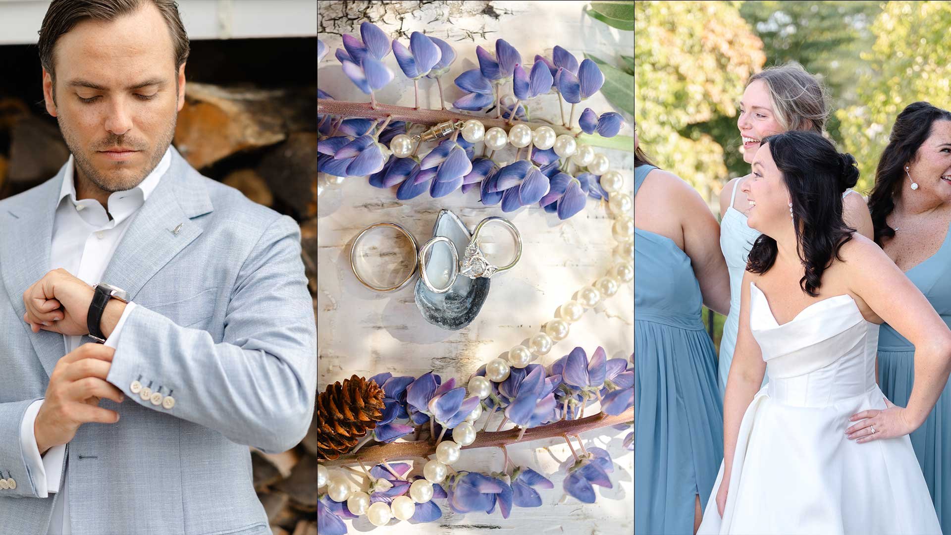 A collage with three sections: a man in a light gray suit looking at his watch, a close-up of purple flowers with pearl jewelry and rings on a white surface, and a bride smiling with three bridesmaids outdoors in daytime surrounded by green trees.