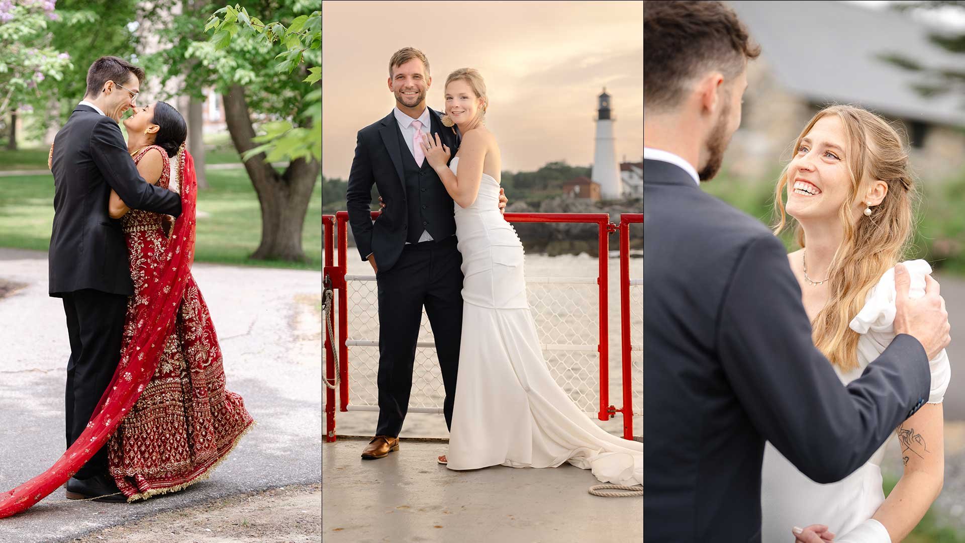 Three separate wedding photos featuring a couple. The first photo shows the couple embracing, the second shows them standing together smiling with a lighthouse in the background, and the third is a close-up of the couple smiling and looking at each o