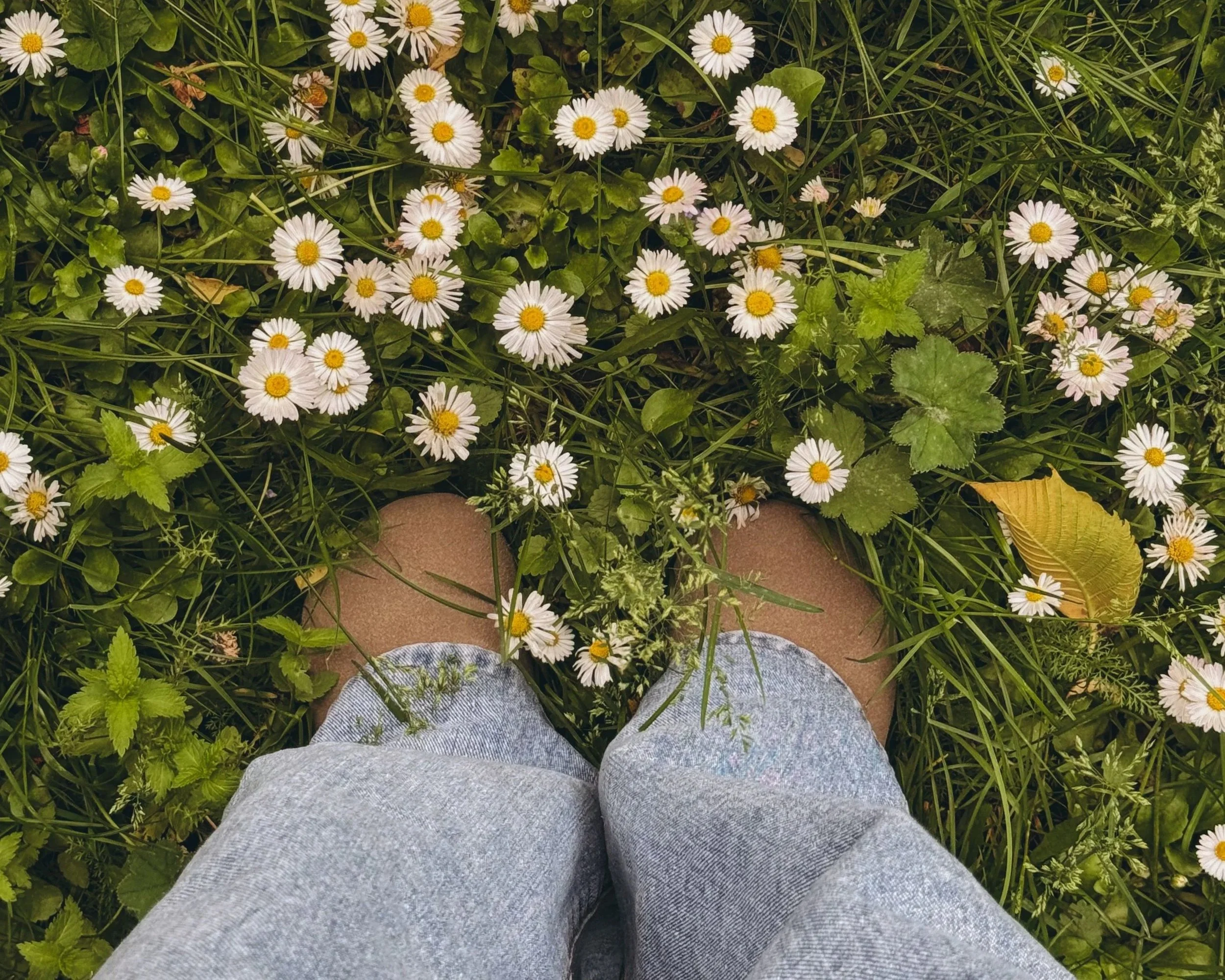 Feet grounded and covered in grass and flowers.