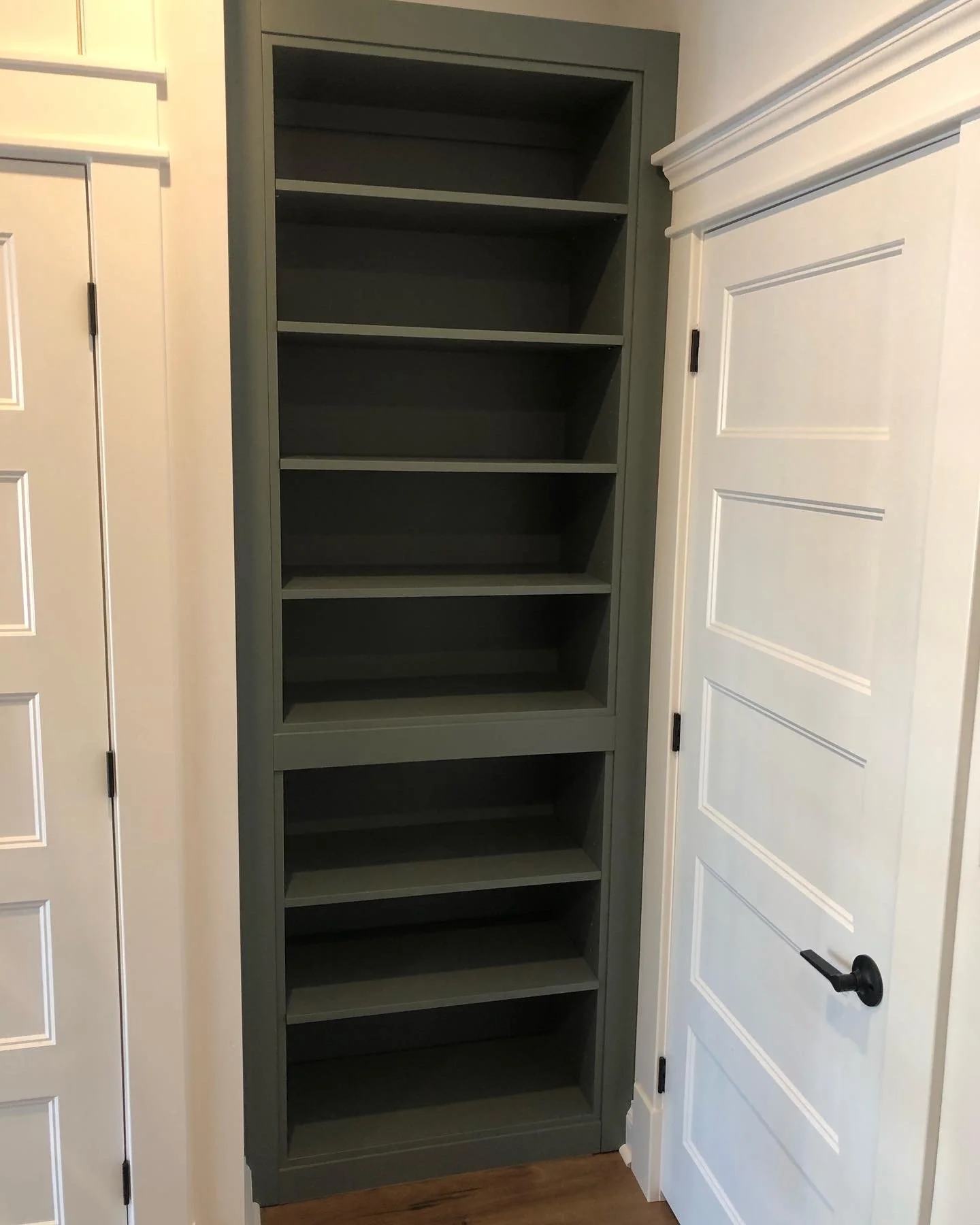 Face frame shelves in unused space behind door swing. Semi gloss paint, spray finish.