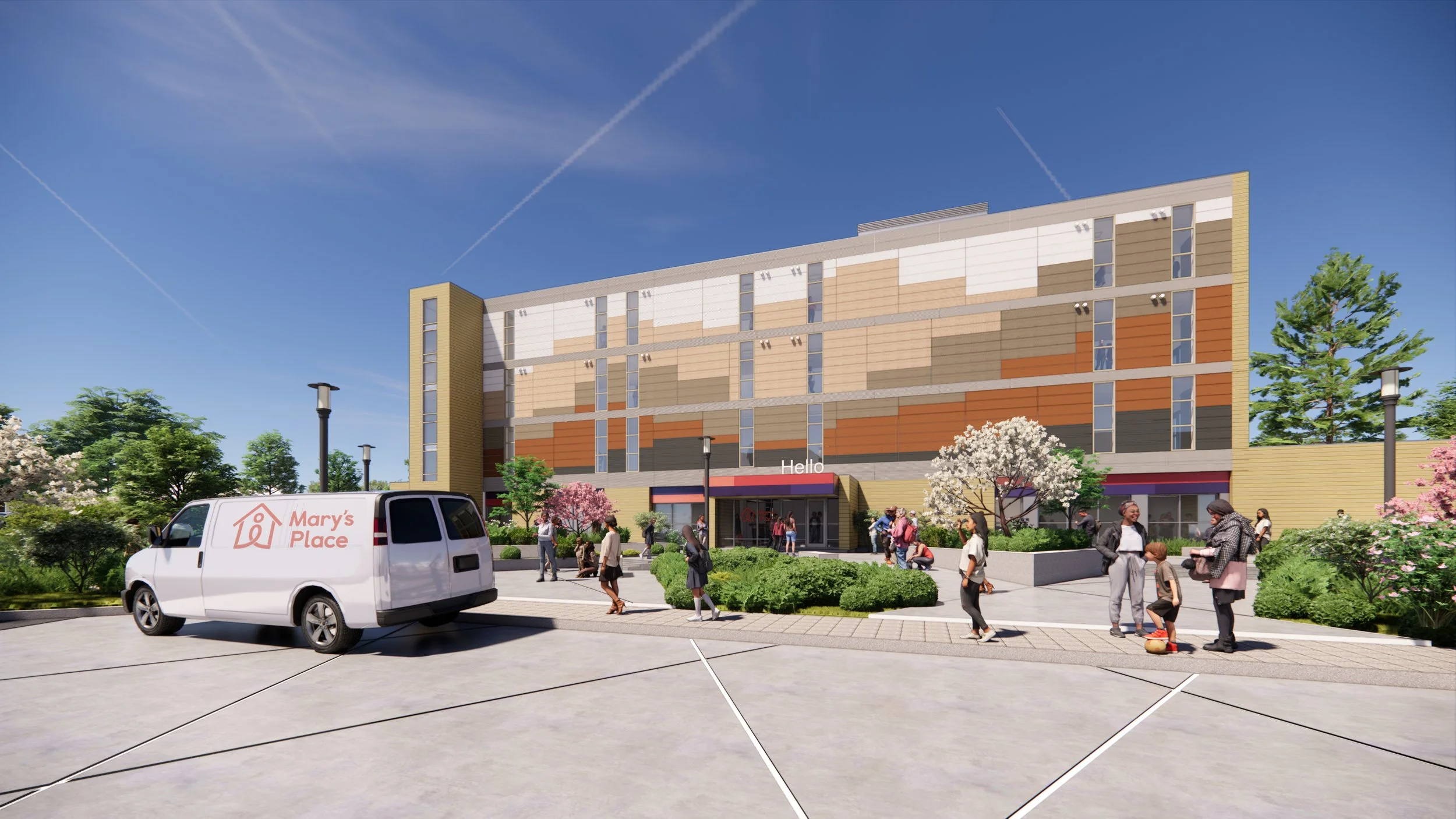 Rendering of the Mary's Place family shelter building exterior.