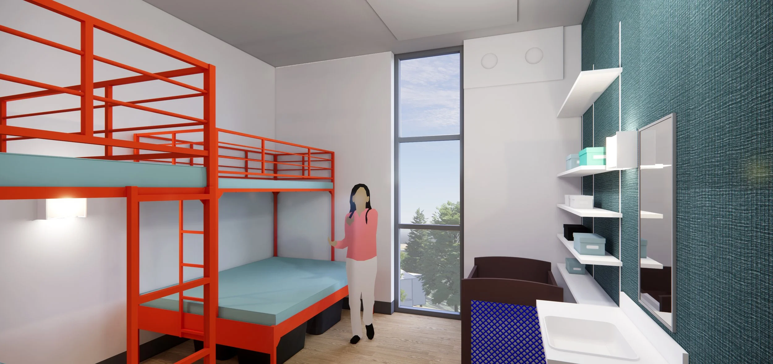 Rendering of the Mary's Place family shelter guest room with floor to ceiling windows.
