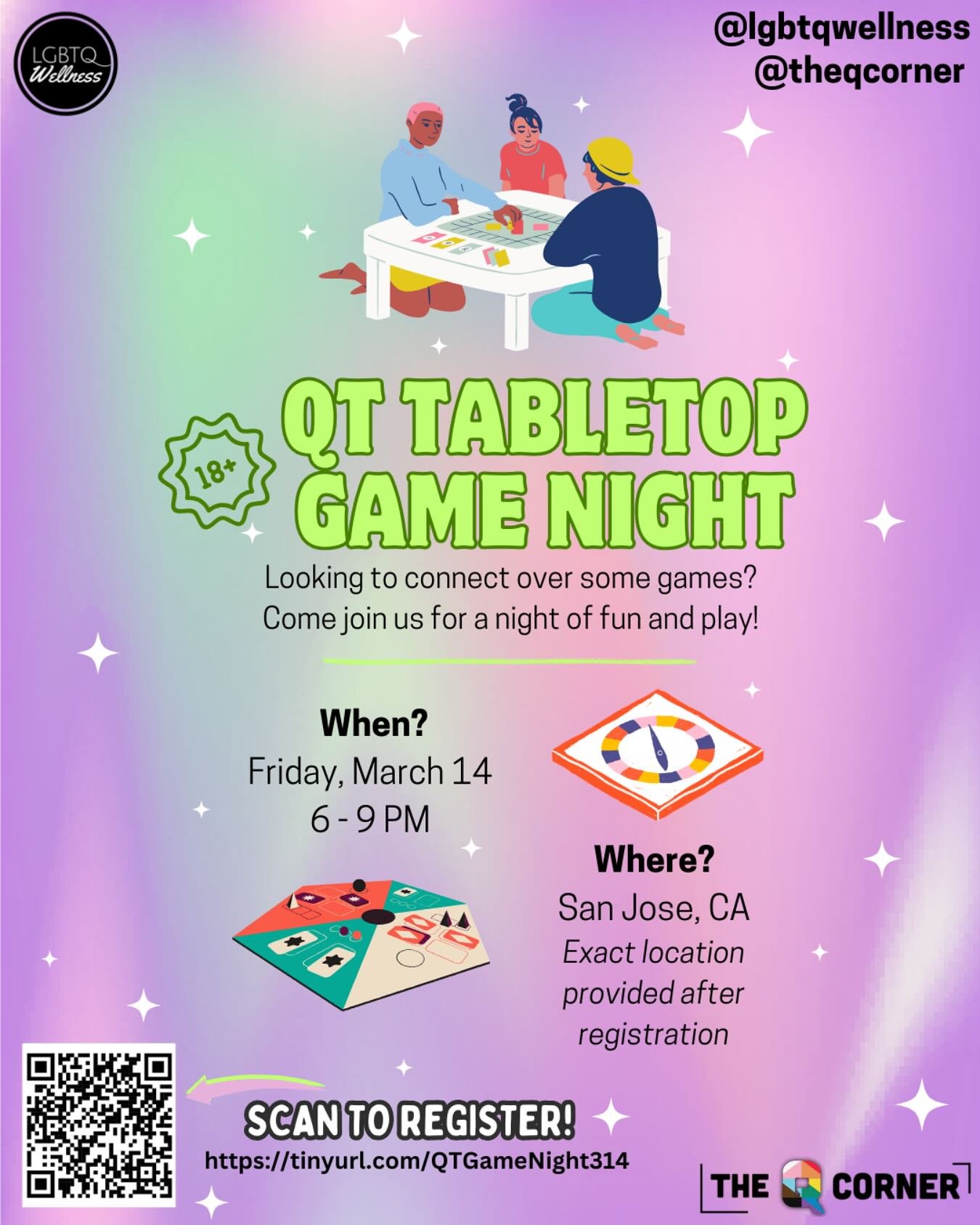 Did someone say game night?!? 🤭We&rsquo;re excited to announce our 1st QT tabletop game night in collaboration with our Q Corner besties! 

⏰ When?  Friday, March 14th from 6-9 PM! 
📍Where? San Jose, CA. Exact location provided after registration!
