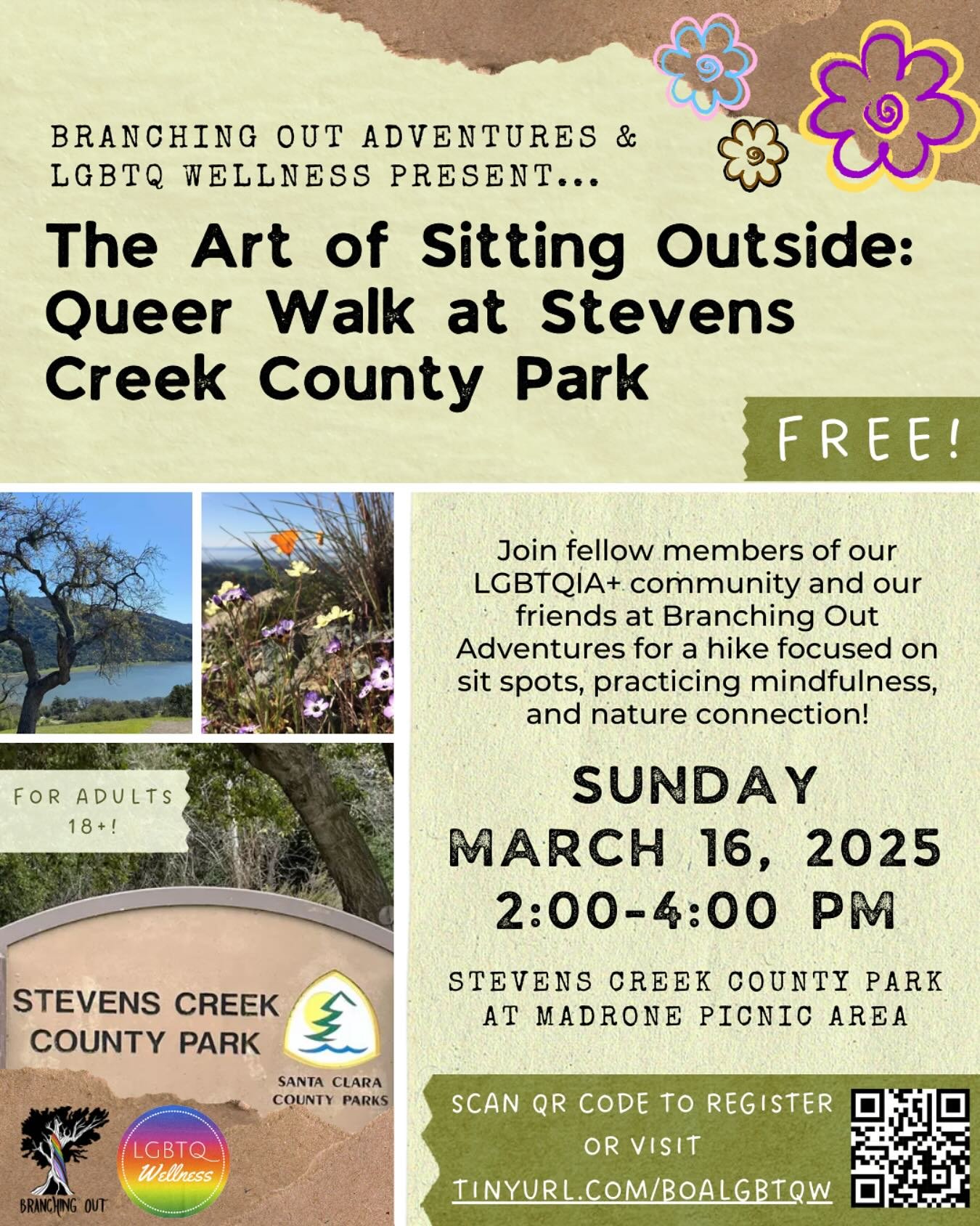 Exciting news! LGBTQ Wellness and Branching Out Adventures are partnering to get our folks outdoors 🌷 

We will be hosting an event called &ldquo;The Art of Sitting Outside: Queer Walk at Stevens Creek County Park.&rdquo; 

To register for this free