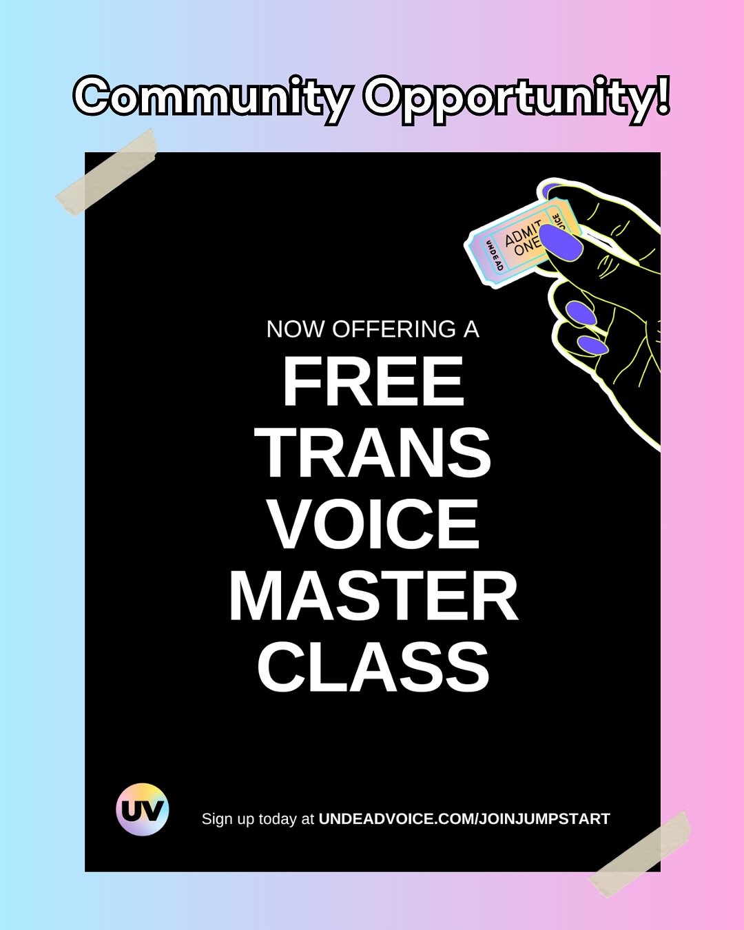 📢 EXCITING NEWS: We’re partnering with @undead.voice to offer a FREE 3-week masterclass designed for trans and gender-diverse individuals to better align their voice with their identity! – Help us spread the word! 🏳️‍⚧️💗
 
🎤