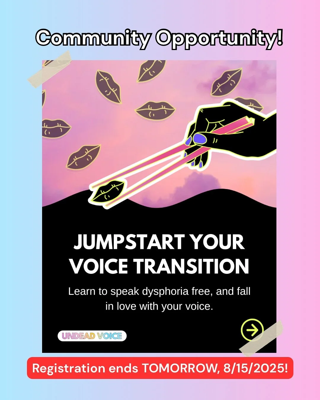 🔈❣️ TODAY is the last chance to sign up for @undead.voice’s FREE Jumpstart program, a transformative three-week voice transition program designed for trans & gender expansive folks looking to start or refine their voice transition journey