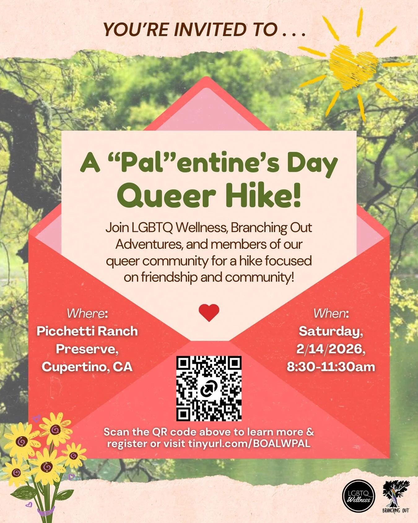 🔈Exciting news! LGBTQ Wellness and Branching Out Adventures are partnering once again for a queer outdoor excursion 🤭🤩

We are hosting a Queer Palentine&rsquo;s Day Hike and the details are as follows: 

⏰When: Saturday, Feb 14 from 8:30 AM - 11:3