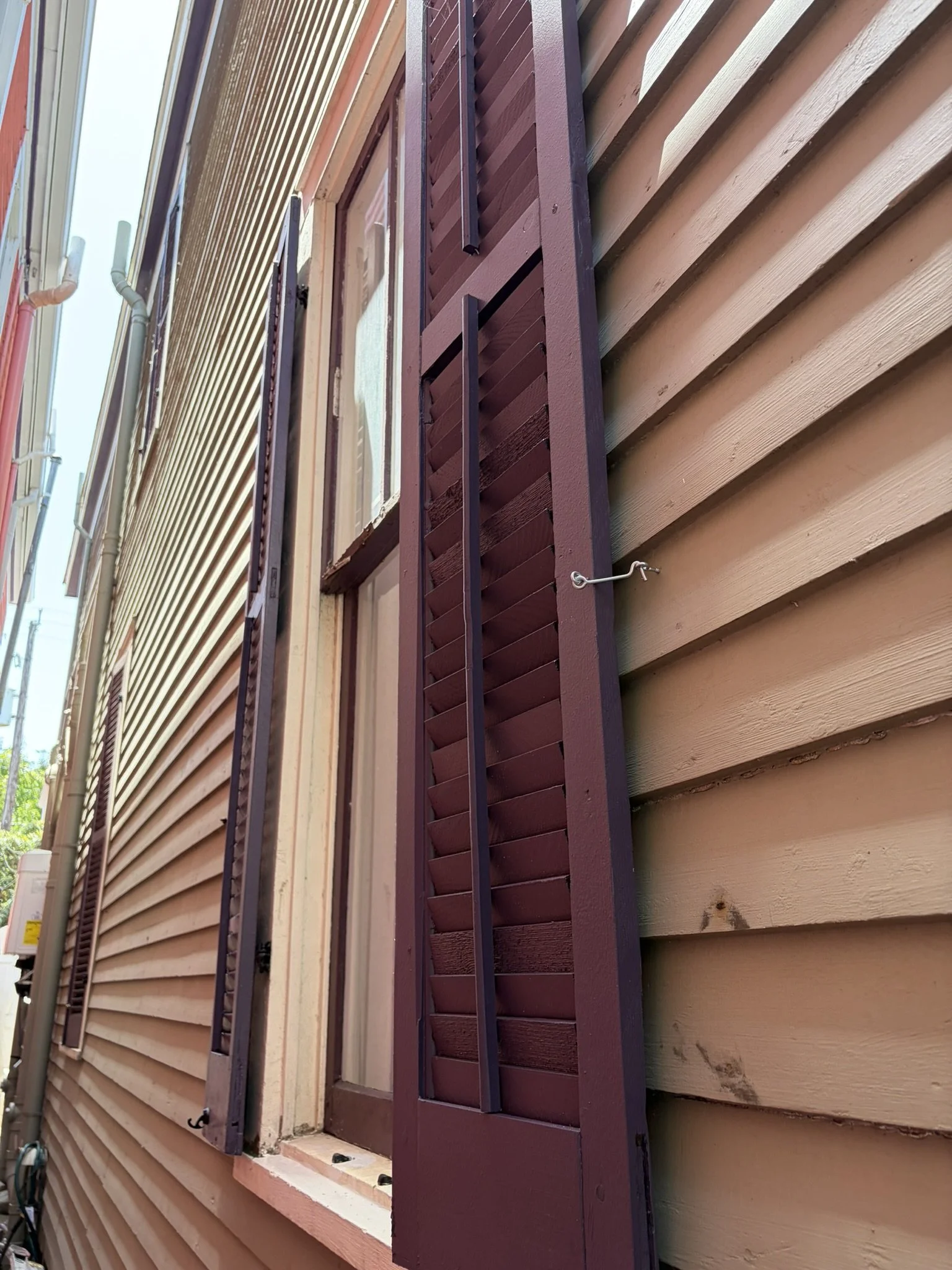 Completed exterior shutter copy built to the exact specs as original, circa 1877. Galveston, Texas